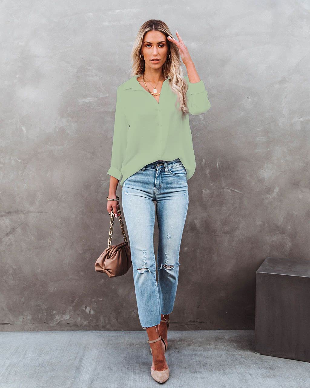 Diosun Women's Button Down V-Neck Shirts - Long & Short Sleeve Office Casual Blouses - Perfect for Business, Work & Everyday Wear