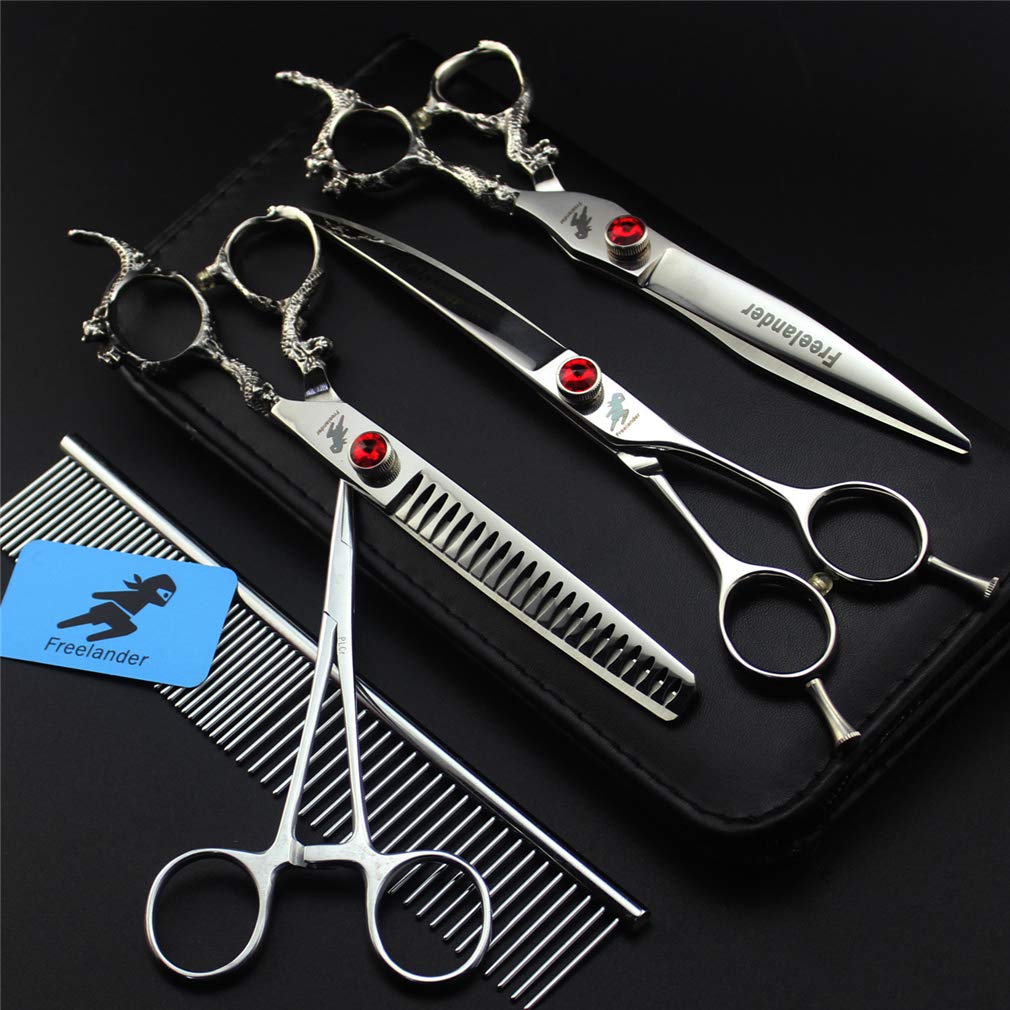 Premium Dragon Pattern Pet Grooming Scissors Set - 3 Piece Stainless Steel Kit (7 Inch Straight, Thinning & Curved Scissors) for Professional Cat & Dog Grooming - Perfect for Home Pet Care & Salon Use