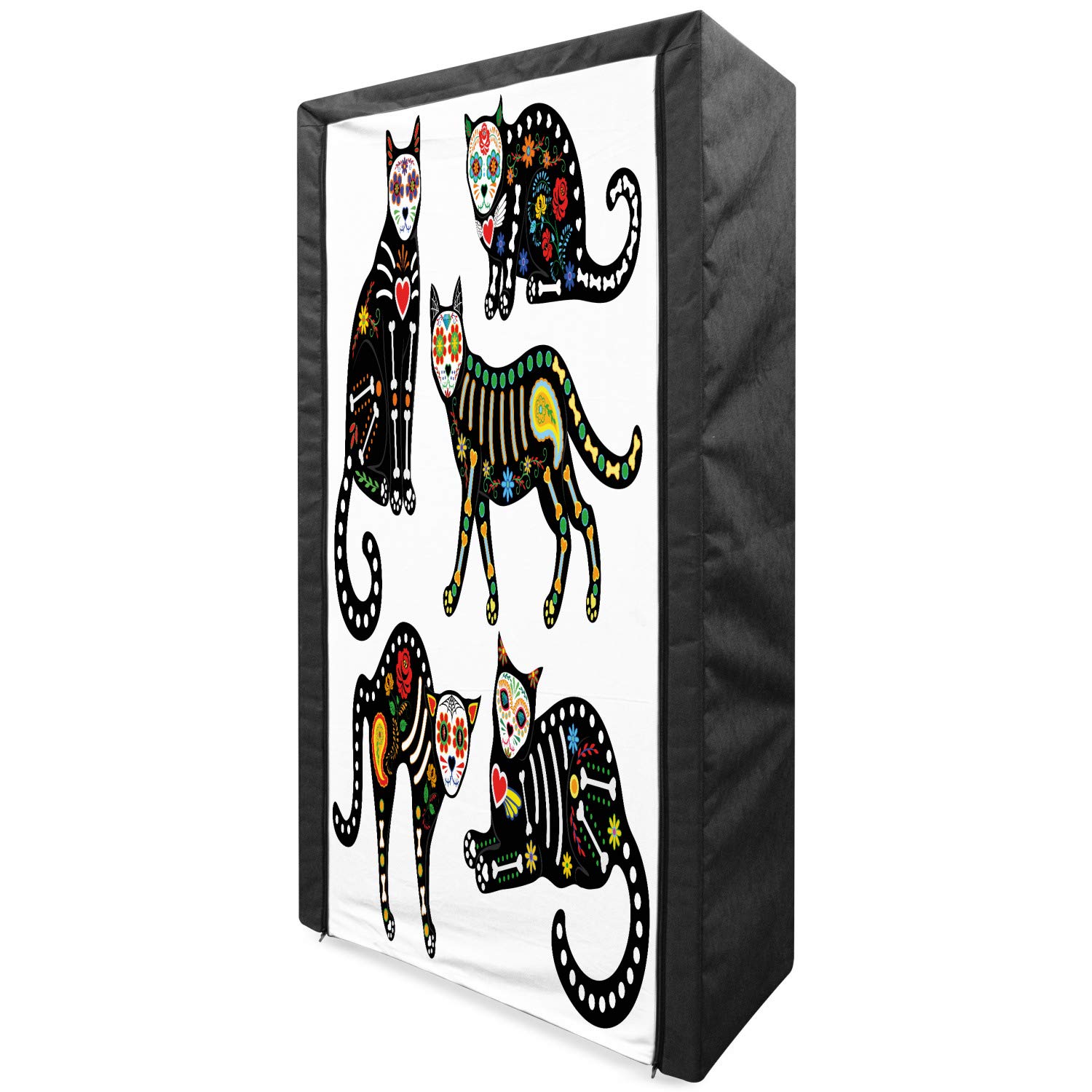Ambesonne Sugar Skull Portable Fabric Wardrobe - Mexican Day of The Dead Inspired Clothing Organizer with Shelves, 33.5 Inch Multicolor Storage Closet for Bedroom, Closet, Dorm or Travel