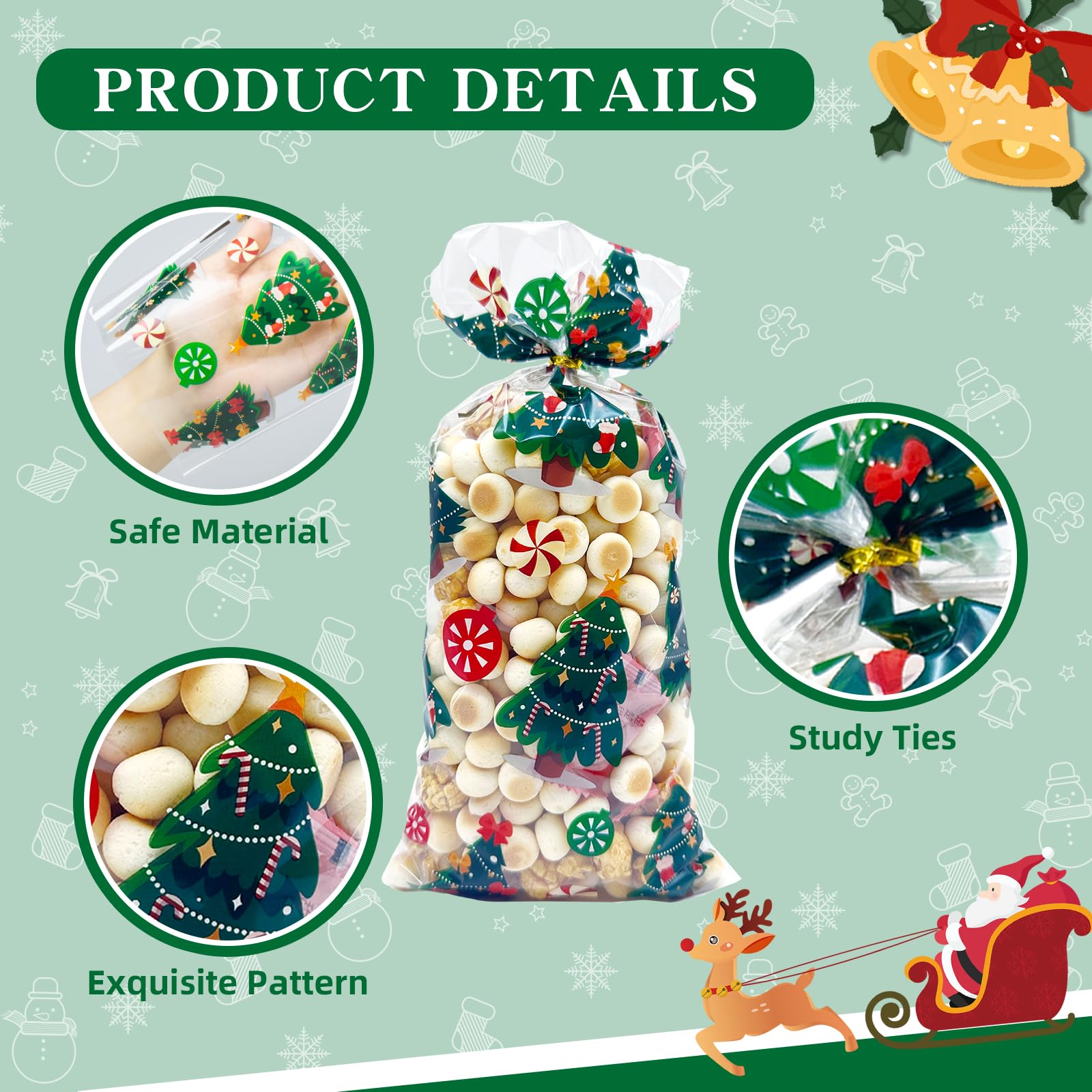 ONFAON Christmas Cellophane Treat Bags - 180pcs Holiday Candy Bags with 200pcs Twist Ties for Snacks, Cookies & Candy Packaging | Perfect for Christmas Party Favors, Gift Wrapping & Holiday Treat Bags
