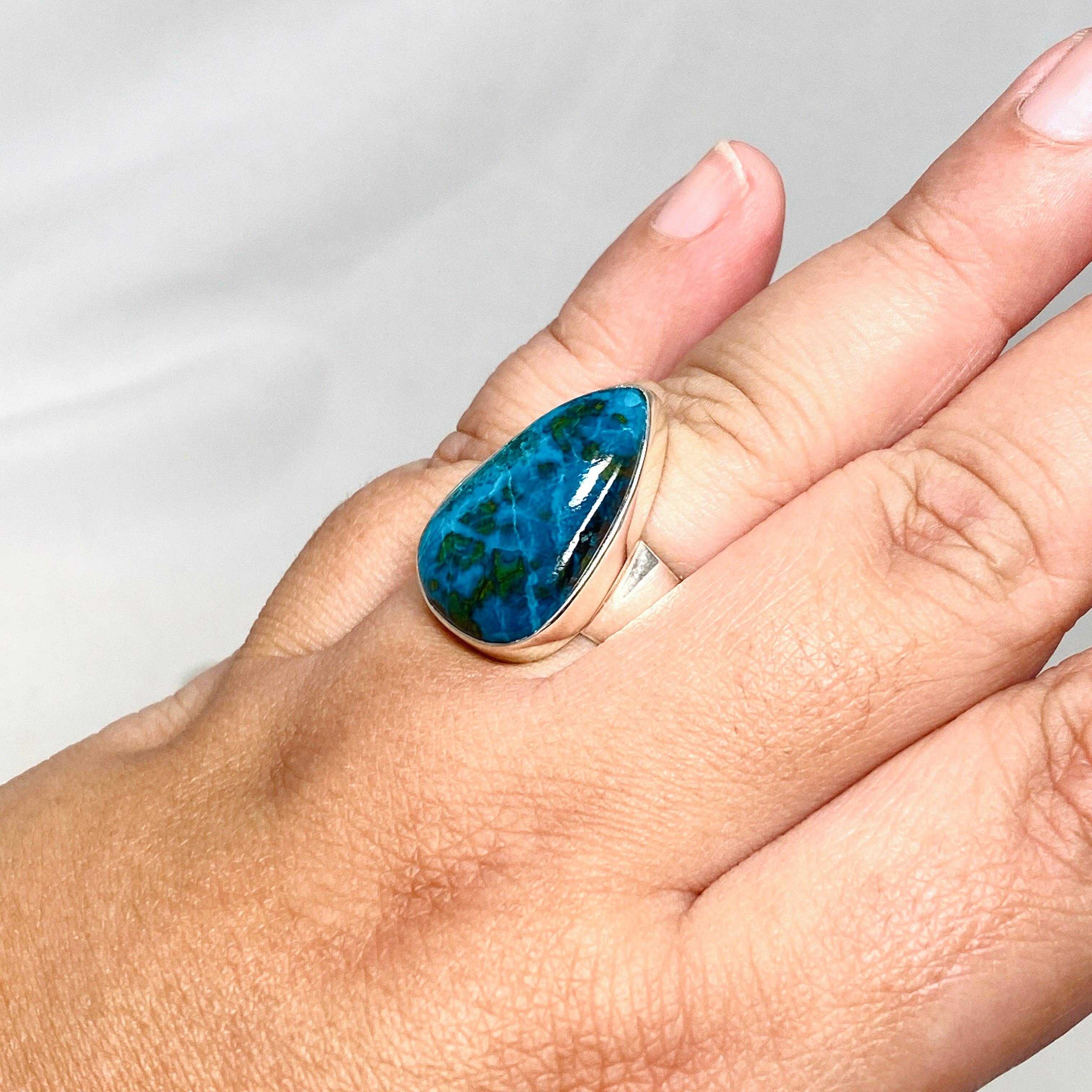 Shattuckite Dioptase Chrysocolla Teardrop Ring - Size 10 Natural Stone Jewelry KRGJ3224 | Healing Crystal Ring for Meditation & Spiritual Gifts