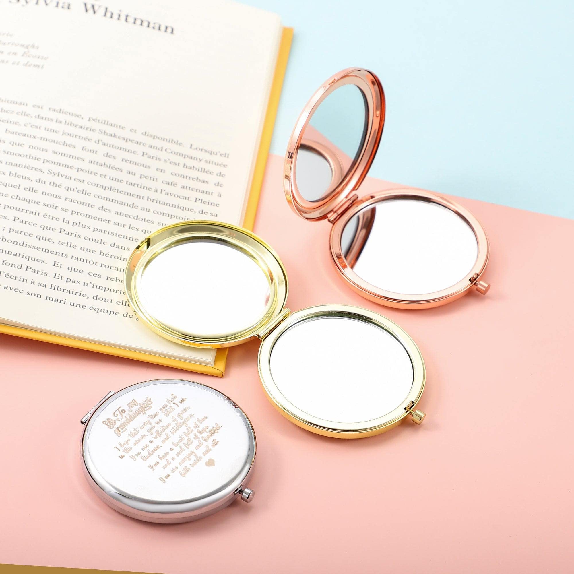 You're Amazing & Beautiful - Stainless Steel Folding Pocket Mirror Gift for Granddaughter | Rose Gold Compact Mirror | Encouragement Present from Grandparents | Perfect for School, Travel & Daily Makeup