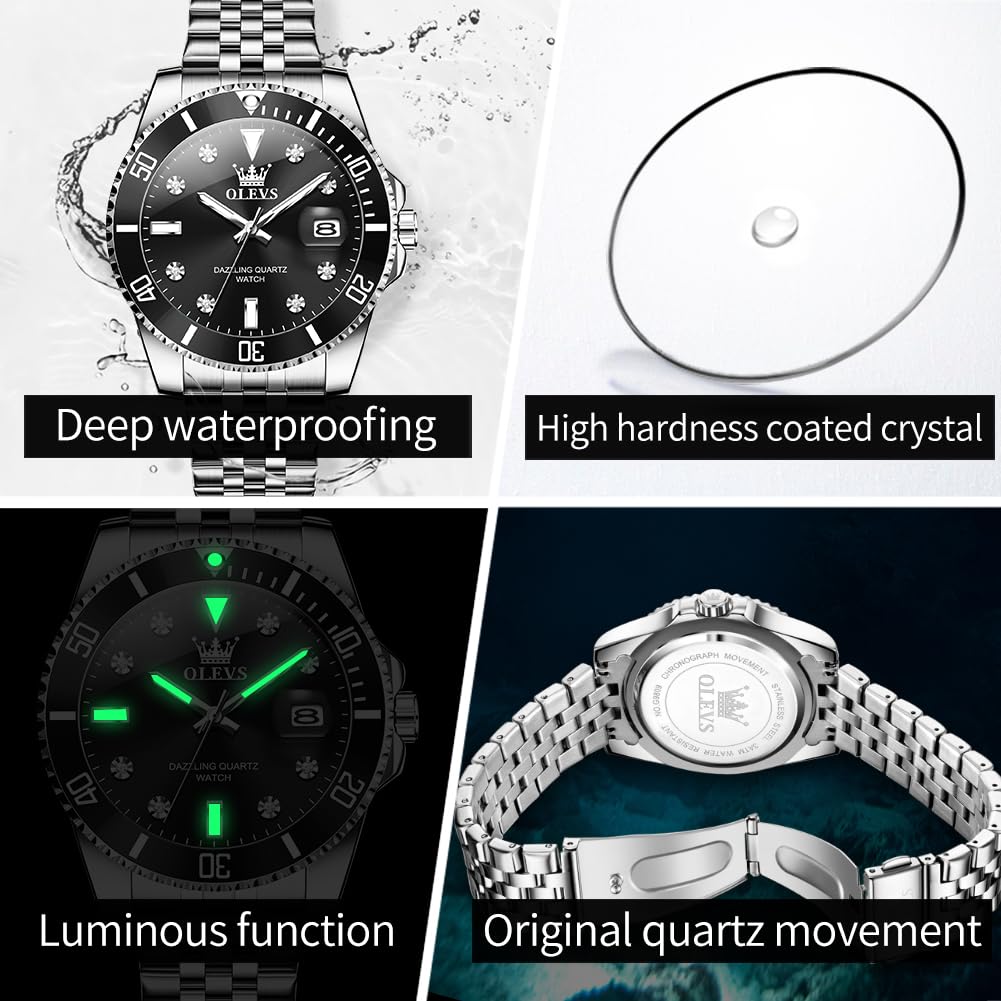 Premium OLEVS Men's Stainless Steel Business Watch - Diamond Accent Large Dial, Date Display & Waterproof - Ideal for Office Wear, Formal Events & Daily Use