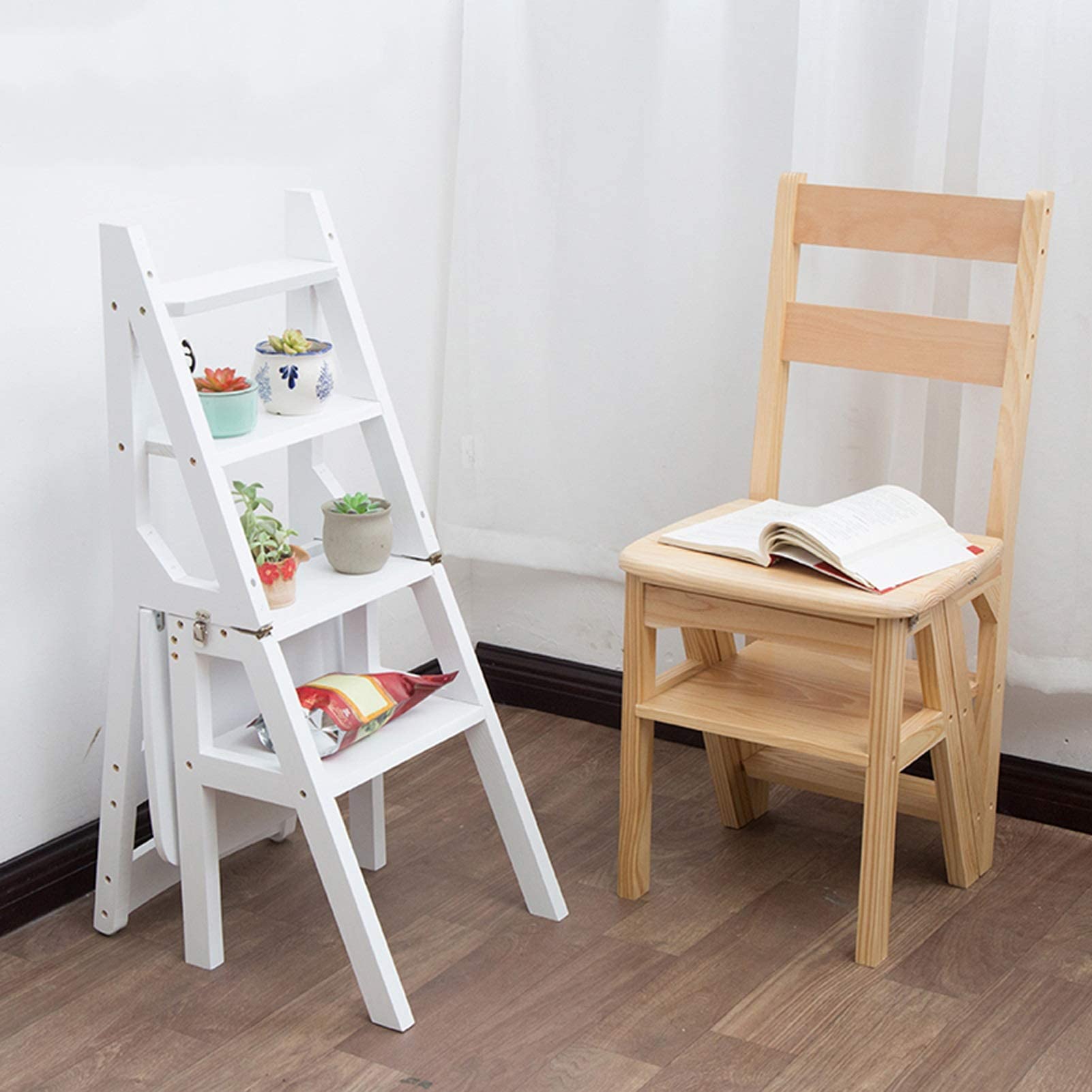 Solid Wood Folding Step Stool Chair for Kitchen - Portable & Space-Saving Home Step Ladder Stool with Seat - Perfect for Reaching High Shelves, Kids' Dining, and Bathroom Use