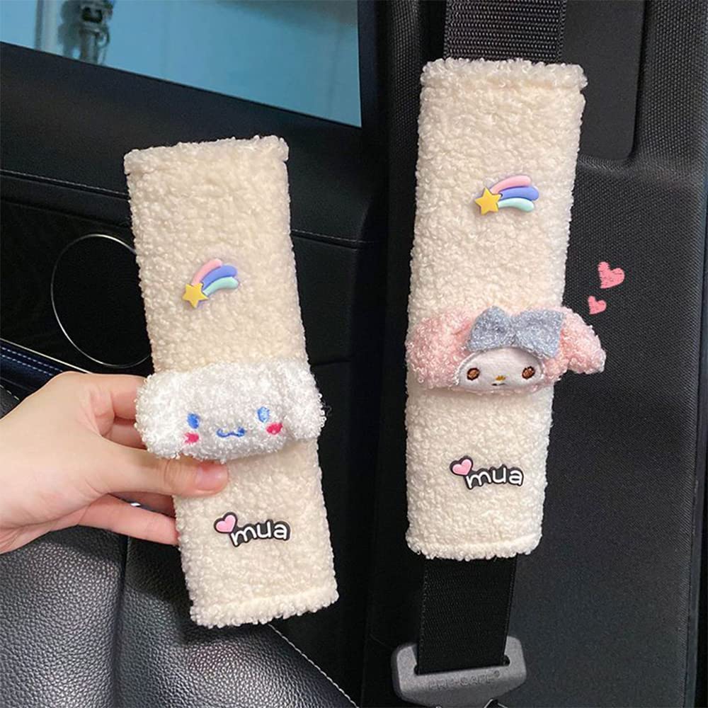 Cute Anime Car Seat Belt Strap Cover Set - 2PCS Kawaii Neck Protector & Car Decor for Women (White Dog Design) - Perfect for Daily Commute, Road Trips & Gift Giving