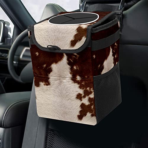 Brown Cowhide Car Trash Can with Lid - Collapsible Reusable Waterproof Auto Garbage Bin for Car, Truck & SUV | Vehicle Interior Organizer Accessories | Perfect for Road Trips, Commuting & Keeping Your Car Clean