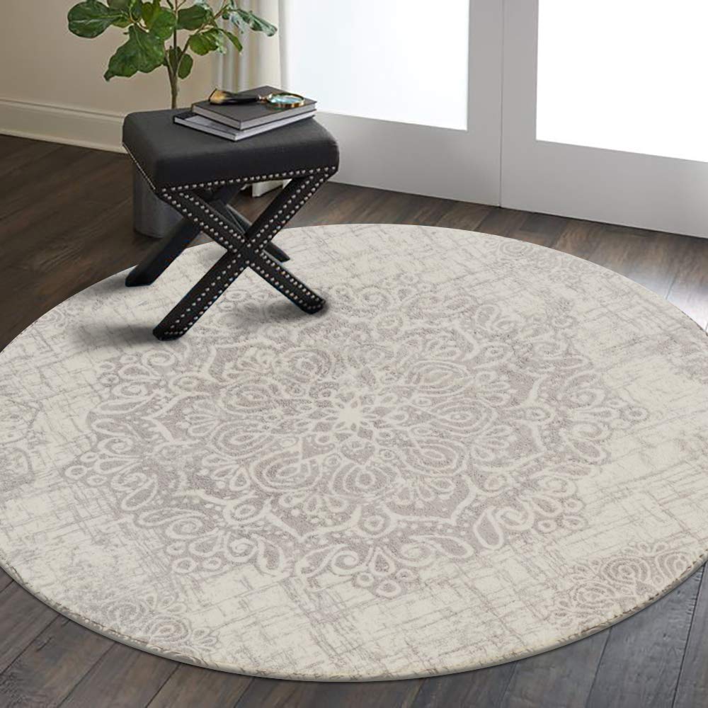 Lahome Medallion Round Rug 4ft - Washable Non-Slip Circle Area Rug for Entryway, Bathroom, Office, Bedroom & Laundry Room - Ultra-Thin Gray Accent Throw Rug - Perfect for High-Traffic Areas & Cozy Home Decor