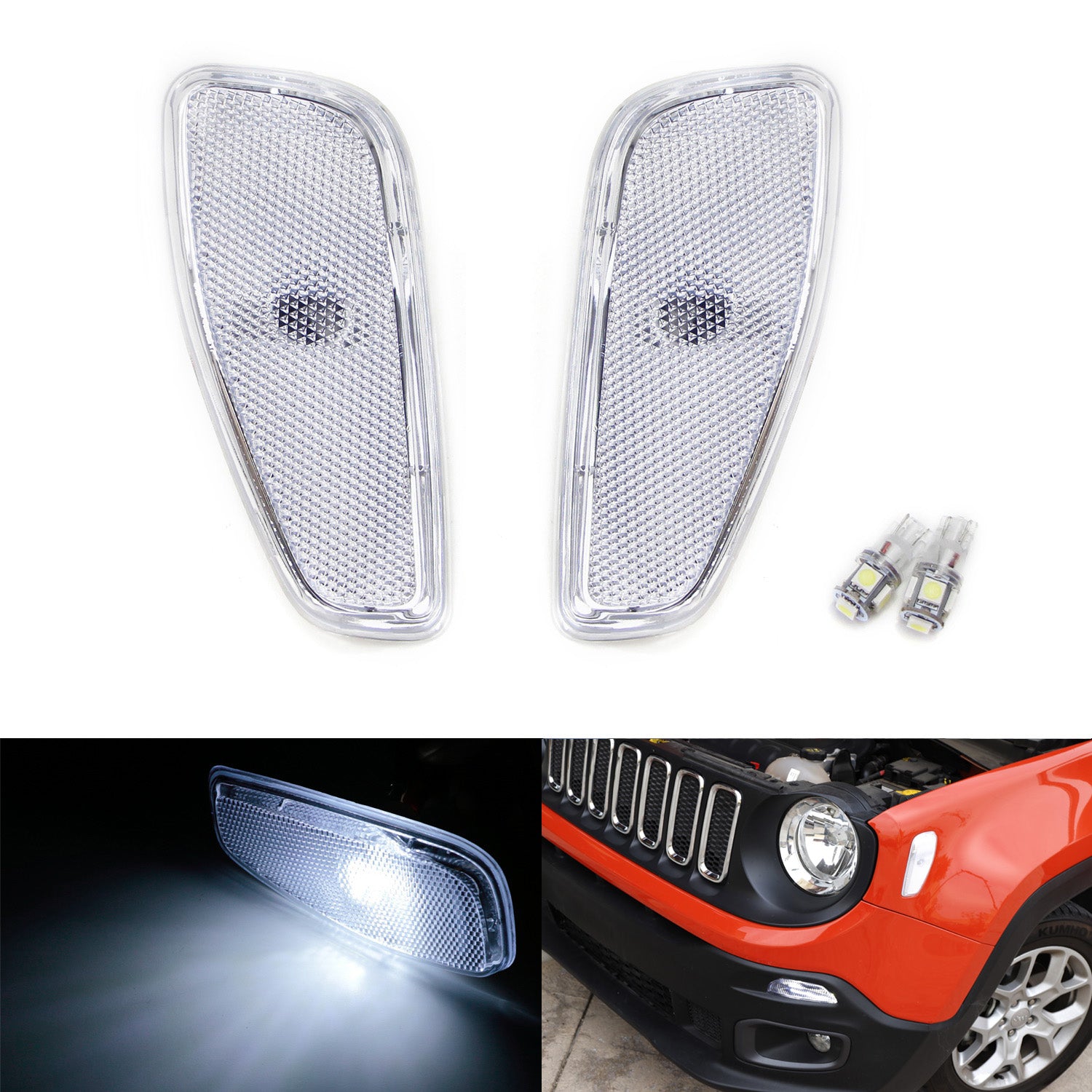 2015-2023 Jeep Renegade Clear Side Marker Lights with White LED Bulbs - Smoked Lens Turn Signal Lights Replacement for Daytime & Night Driving Safety