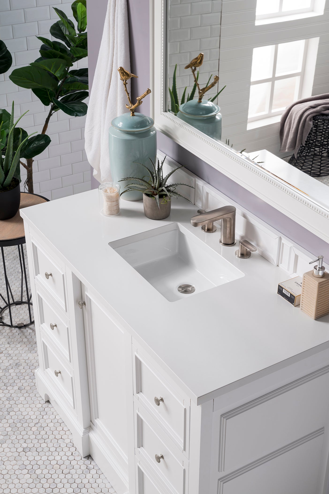 De Soto 48 Inch Single Bathroom Vanity with White Zeus Quartz Top - Bright White Finish for Modern Bathrooms | Perfect for Small Spaces & Guest Bathroom Remodels