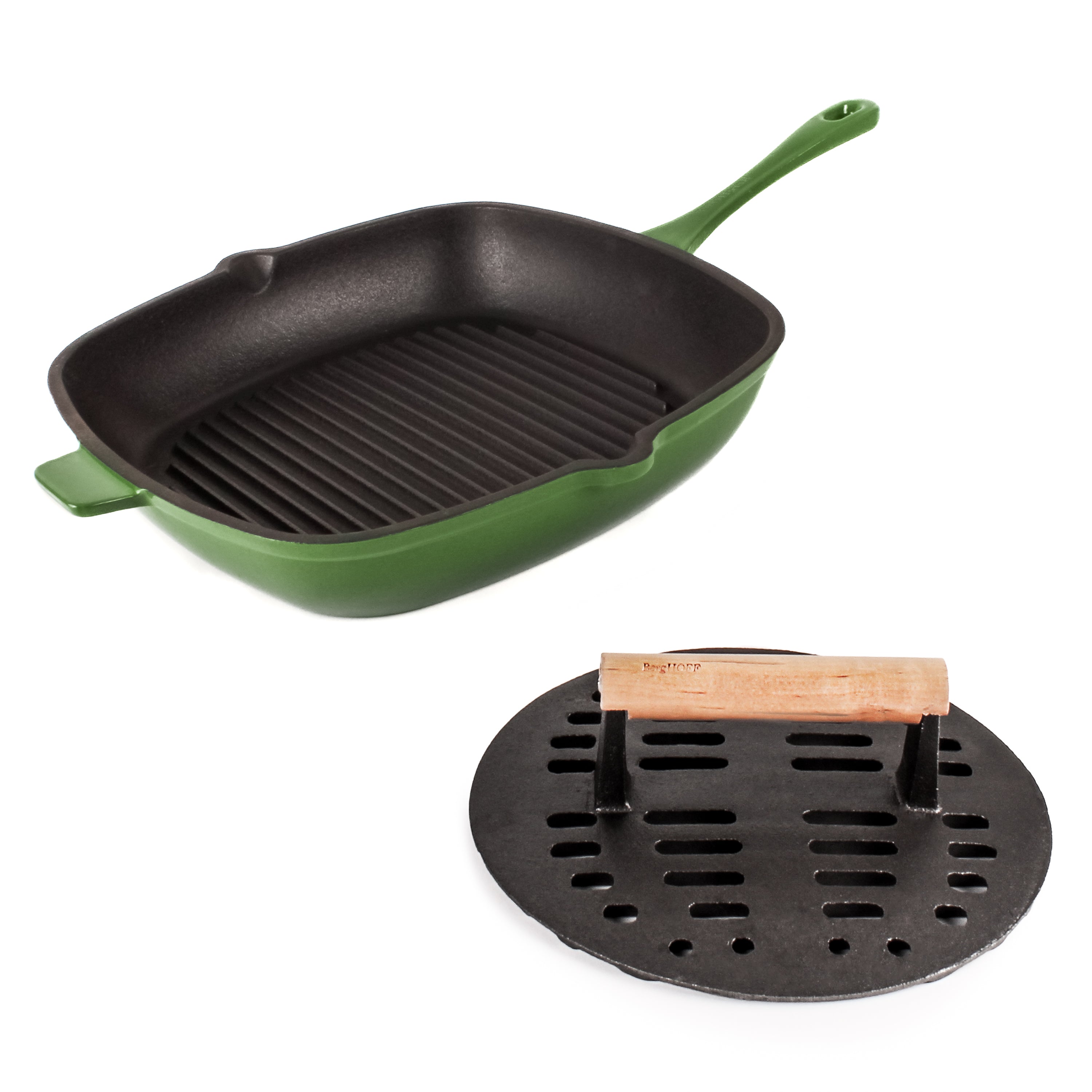 BergHOFF Neo 2-Piece Cast Iron Grill Pan Set with Slotted Steak Press - 11 Inch Nonstick Griddle Pan for Stovetop & Oven Use - Perfect for Grilling Steaks, Burgers & Vegetables - Emerald Green