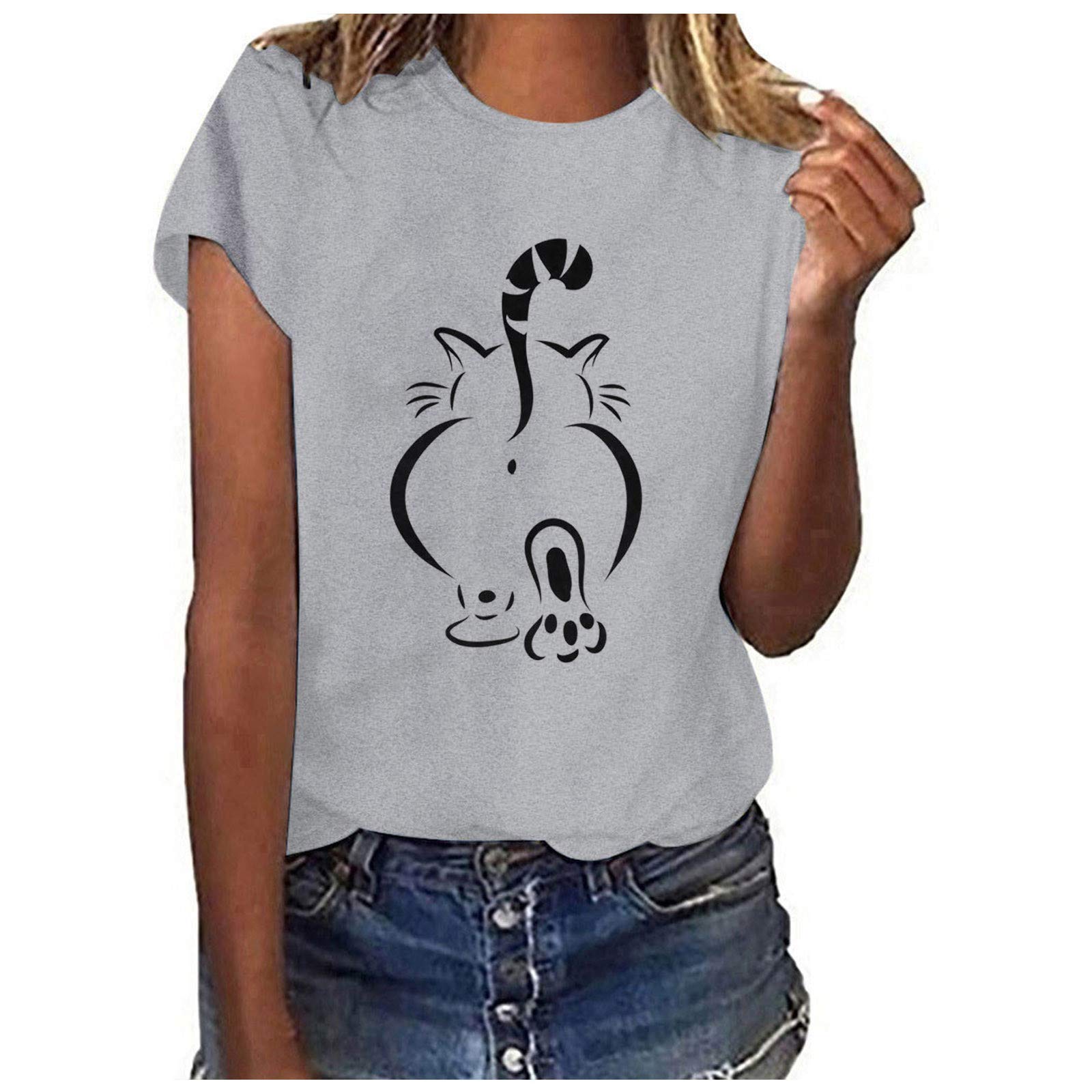 Women's Sunflower Print Short Sleeve T-Shirt - Solid Color Crewneck Summer Top with Cute Cat Graphic | Casual Wear, Beach Outfit, Vacation Style