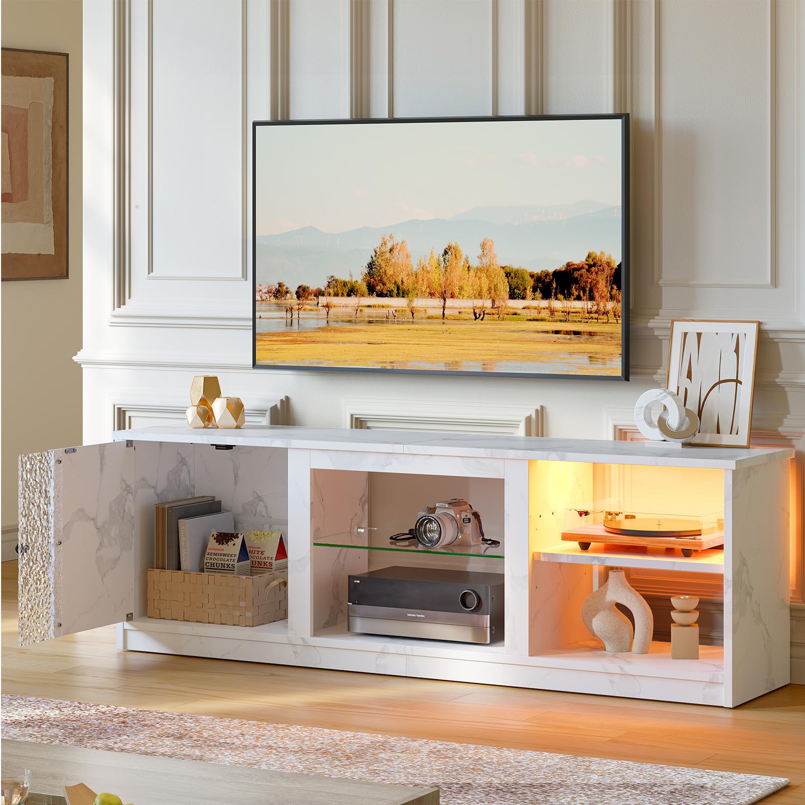 63-Inch White Modern LED TV Stand for 70/55/65 Inch TVs - Gaming Entertainment Center with Adjustable Glass Shelves & Storage Cabinet - Perfect for Living Room, Bedroom, PS5, Xbox - Ideal for Home Theater Setup & Console Gaming