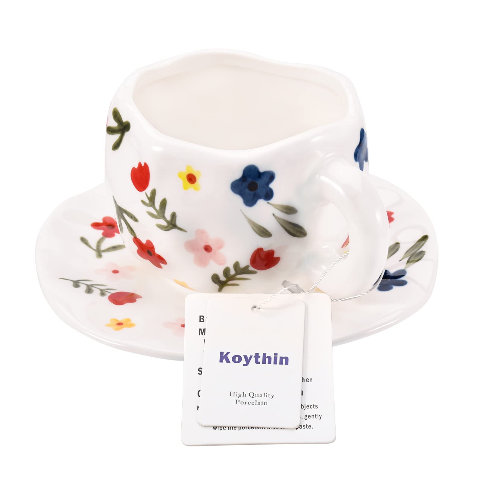 Koythin Ceramic Coffee Mug with Saucer - 10 oz/300ml Cute Pink Cup for Women, Dishwasher & Microwave Safe - Perfect for Office, Home, Latte, Tea & Milk (White Floret Design)
