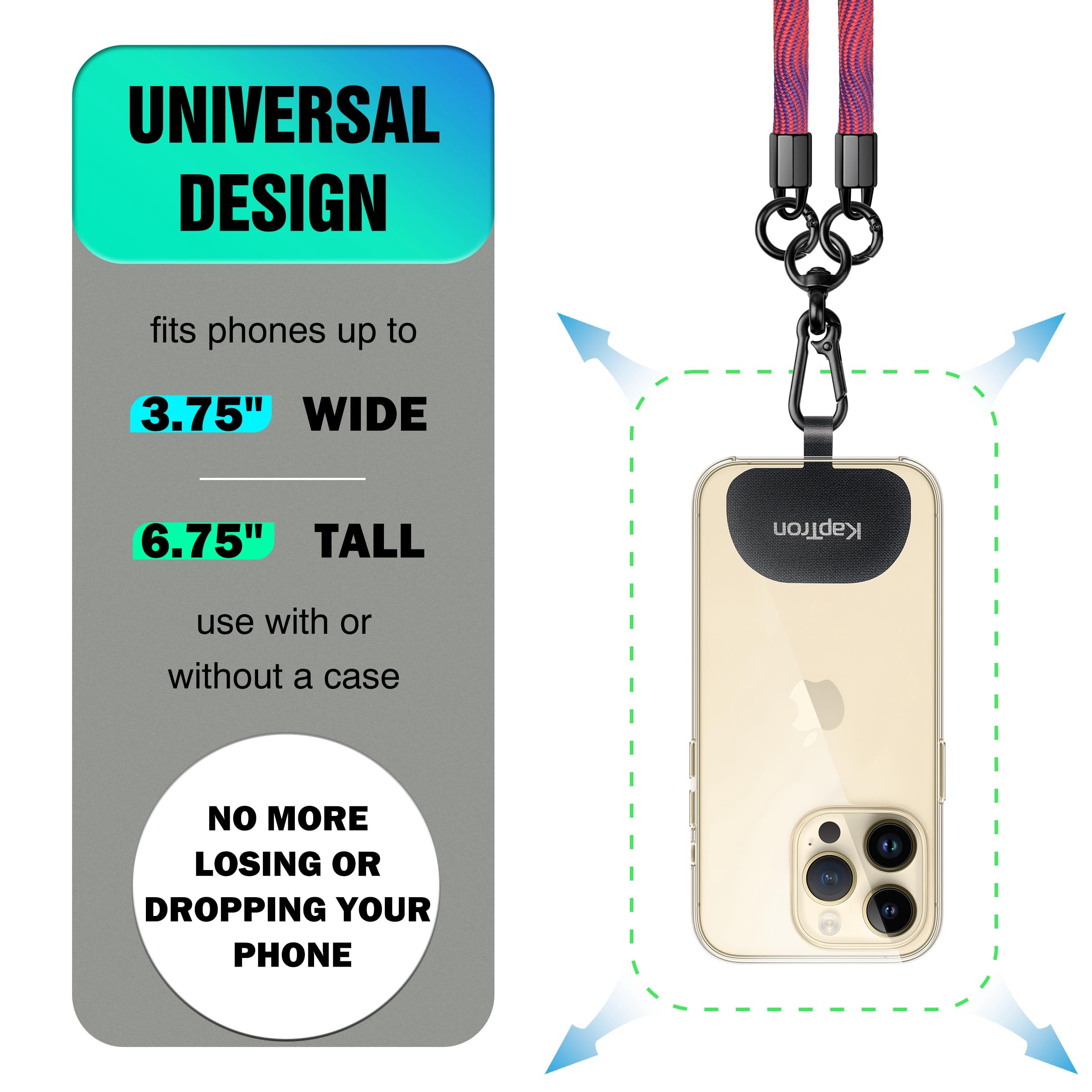 Kaptron Universal Adjustable Crossbody Phone Lanyard with Silicone Holder & Tethers - Hands-Free Phone Strap for Travel, Work, and Outdoor Activities