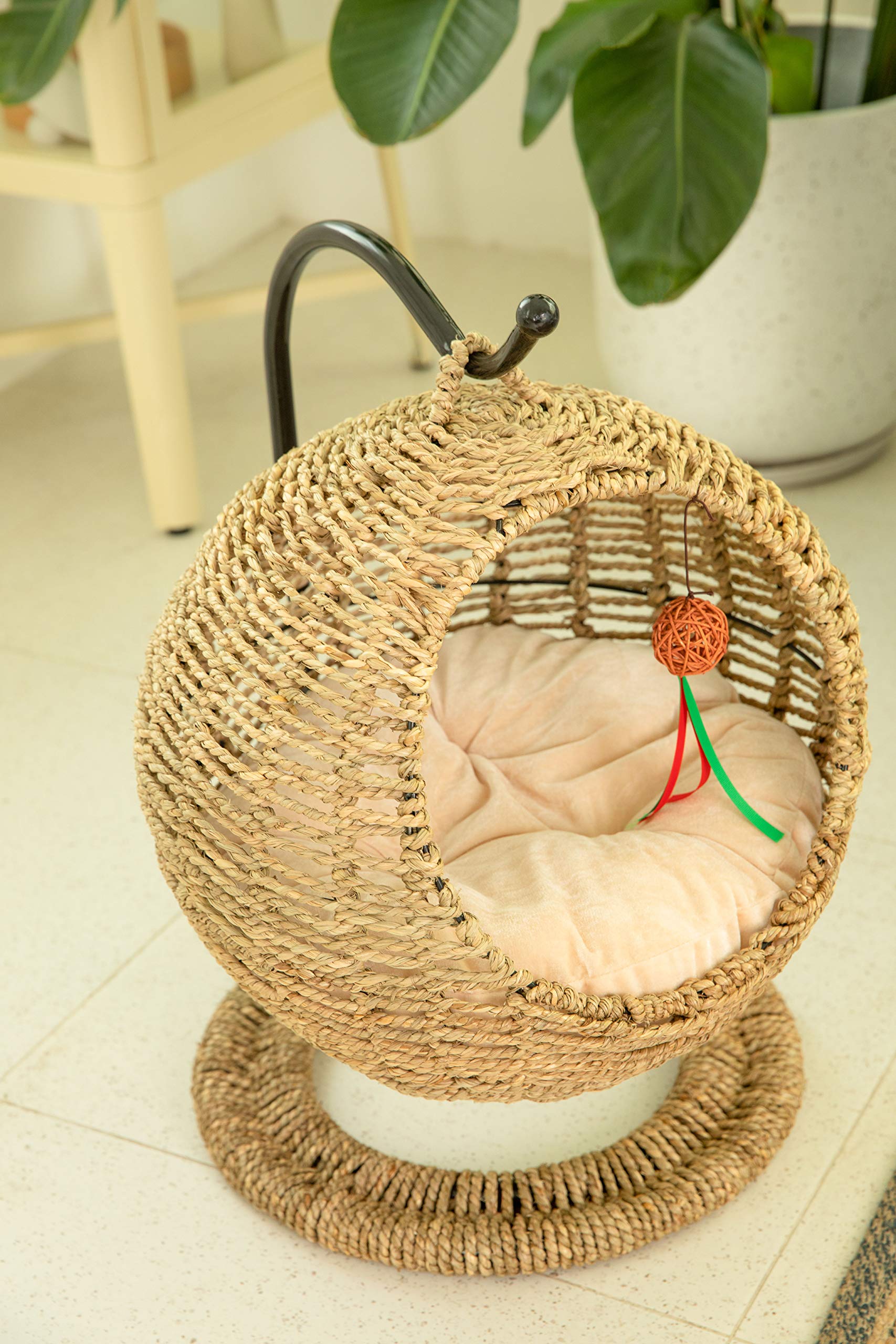 Handmade Wicker Cat Bed - Hanging Pet Basket with Cushion for Small Cats & Dogs | Cozy Indoor/Outdoor Pet House for Lounging & Napping