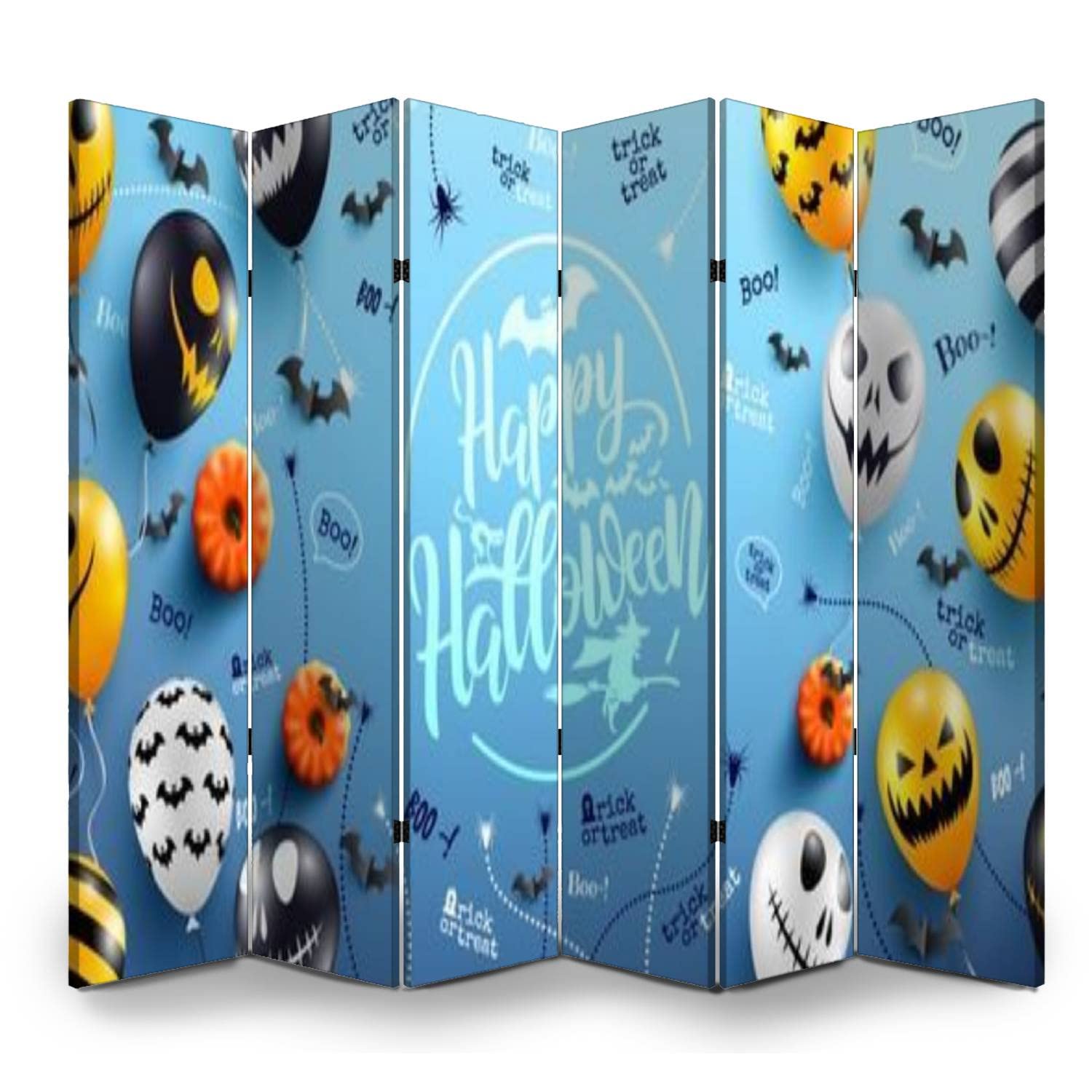 6 Panel Halloween Office Folding Screen - Blue Canvas Privacy Partition with Ghost Balloons & Scary Lettering | Room Divider for Home, Office, Bathroom Decor | Perfect for Halloween Parties & Seasonal Workspace Privacy