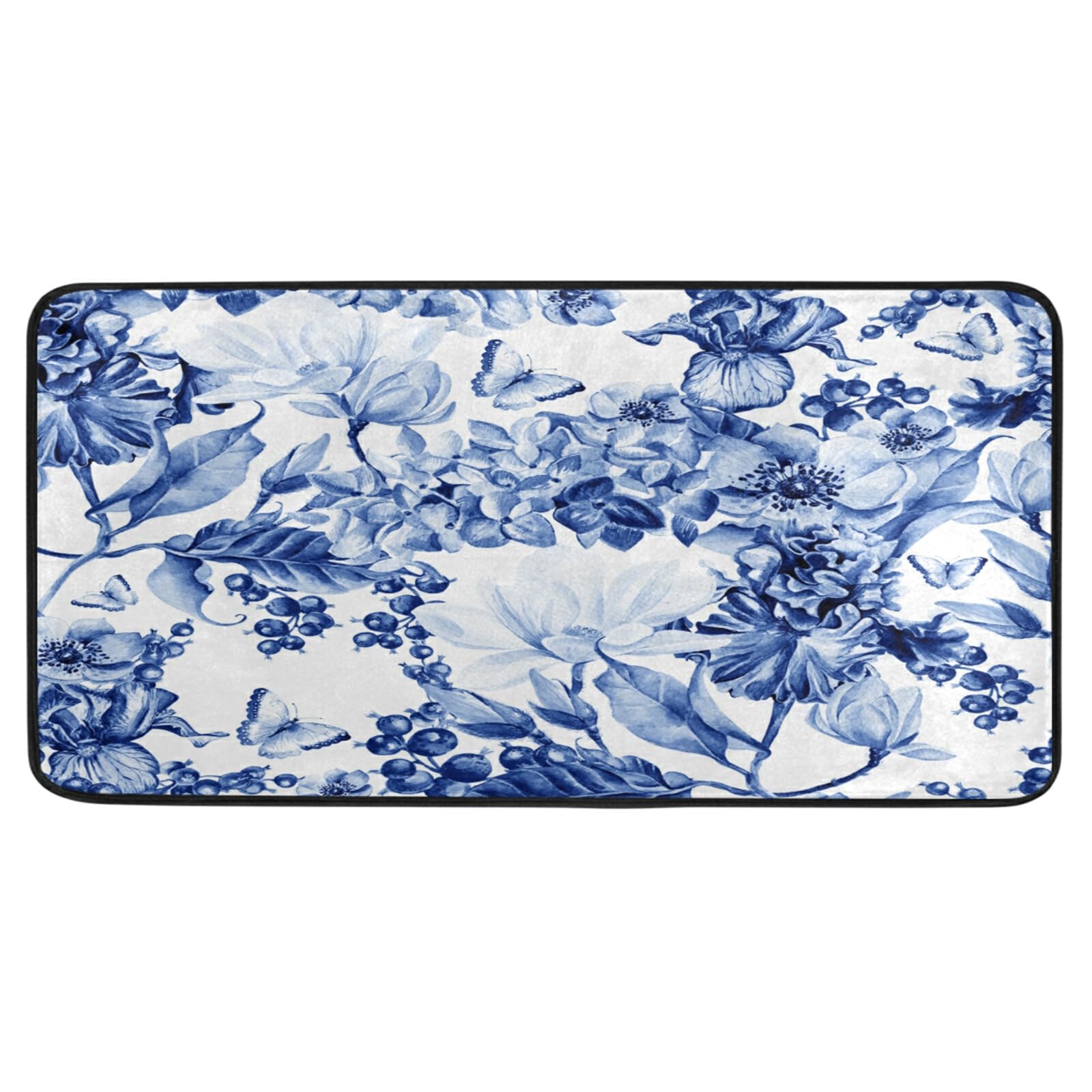 Non-Slip Washable Kitchen Rugs - Absorbent Blue Floral Mats for Sink Area, Farmhouse & Bathroom Use