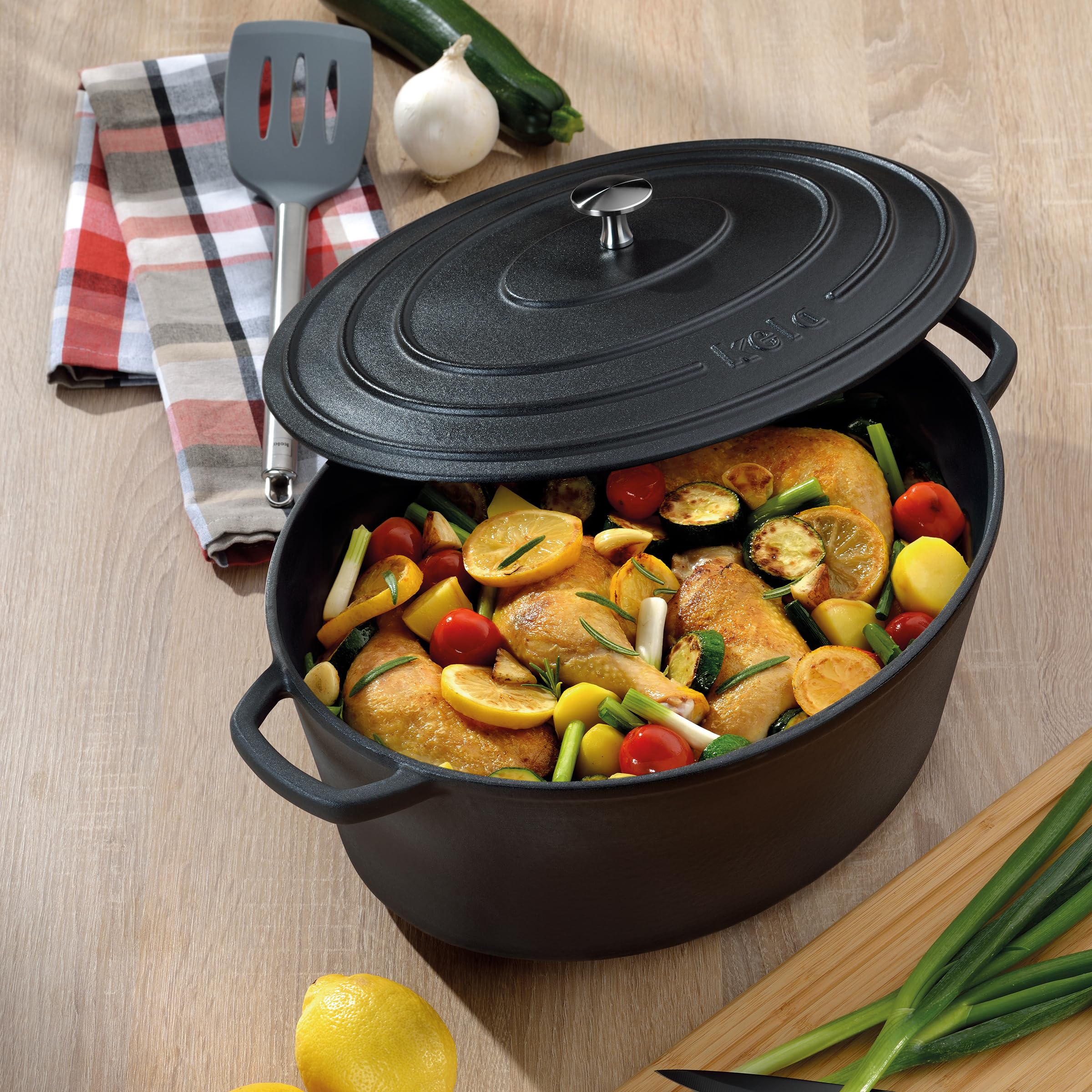Kela Calido 9.5L Cast Iron Oval Casserole Dish - Black Enamel Dutch Oven for Baking, Roasting & Serving - Perfect for Oven, Stovetop & Camping Cooking