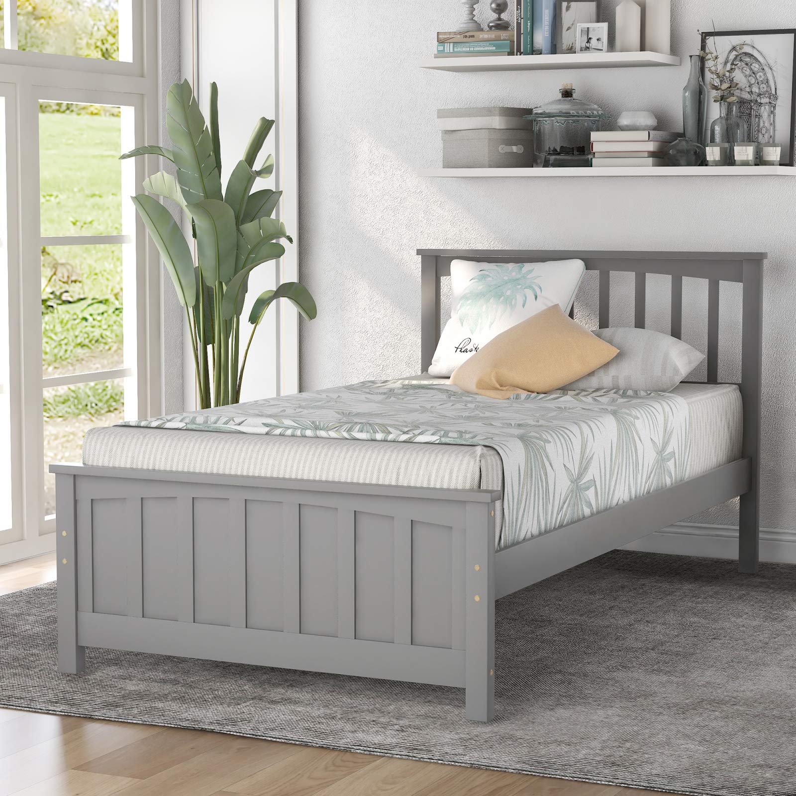 PovKeever Twin Size Wood Platform Bed with Headboard - Sturdy and Stylish Bed Frame for Kids, Teens, and Guest Rooms | Perfect for Small Spaces and Modern Bedroom Decor