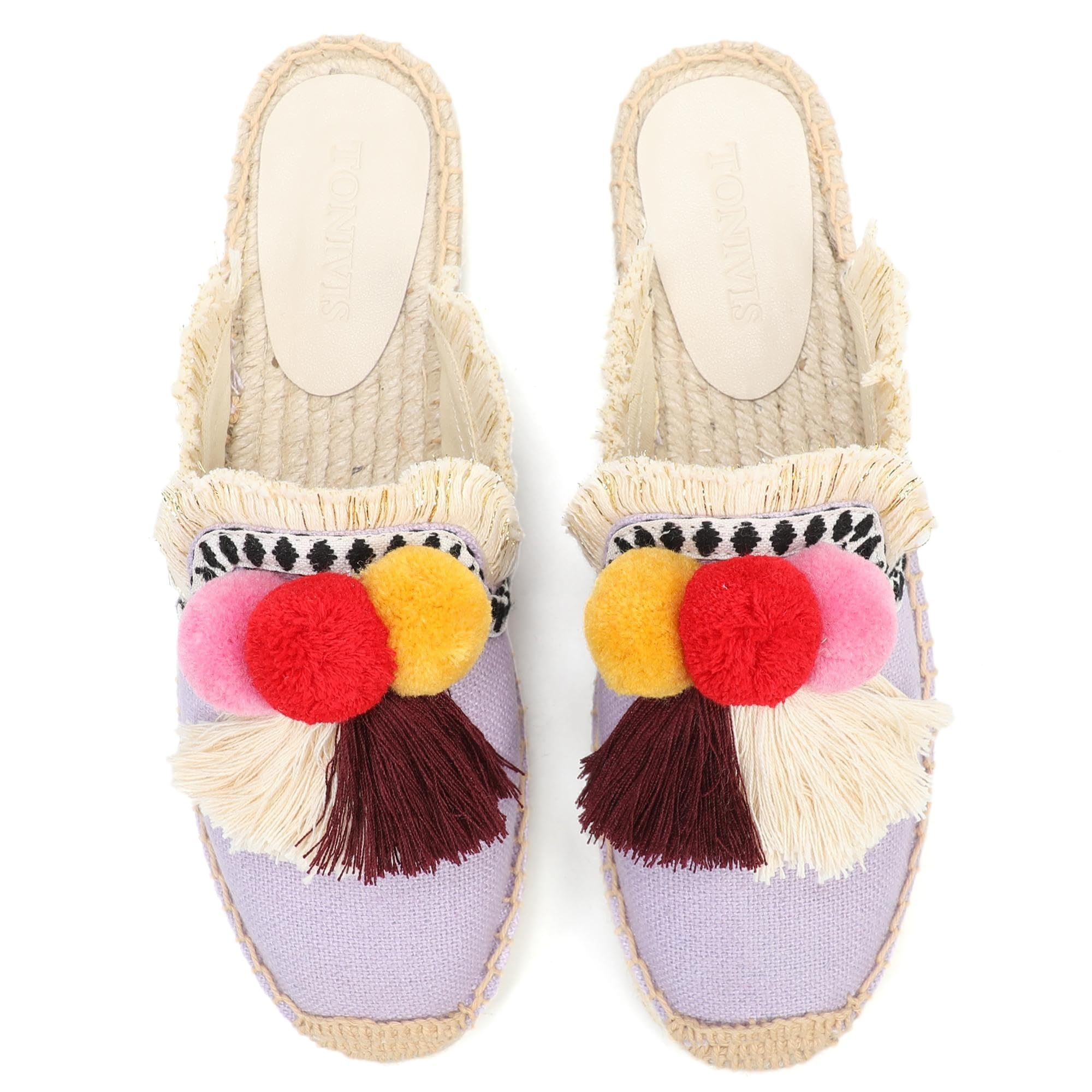 Women's Comfortable Mule Flat Shoes with Tassel & Pompom - Soft Espadrilles Slides Backless Slippers for Summer, Beach, and Casual Wear