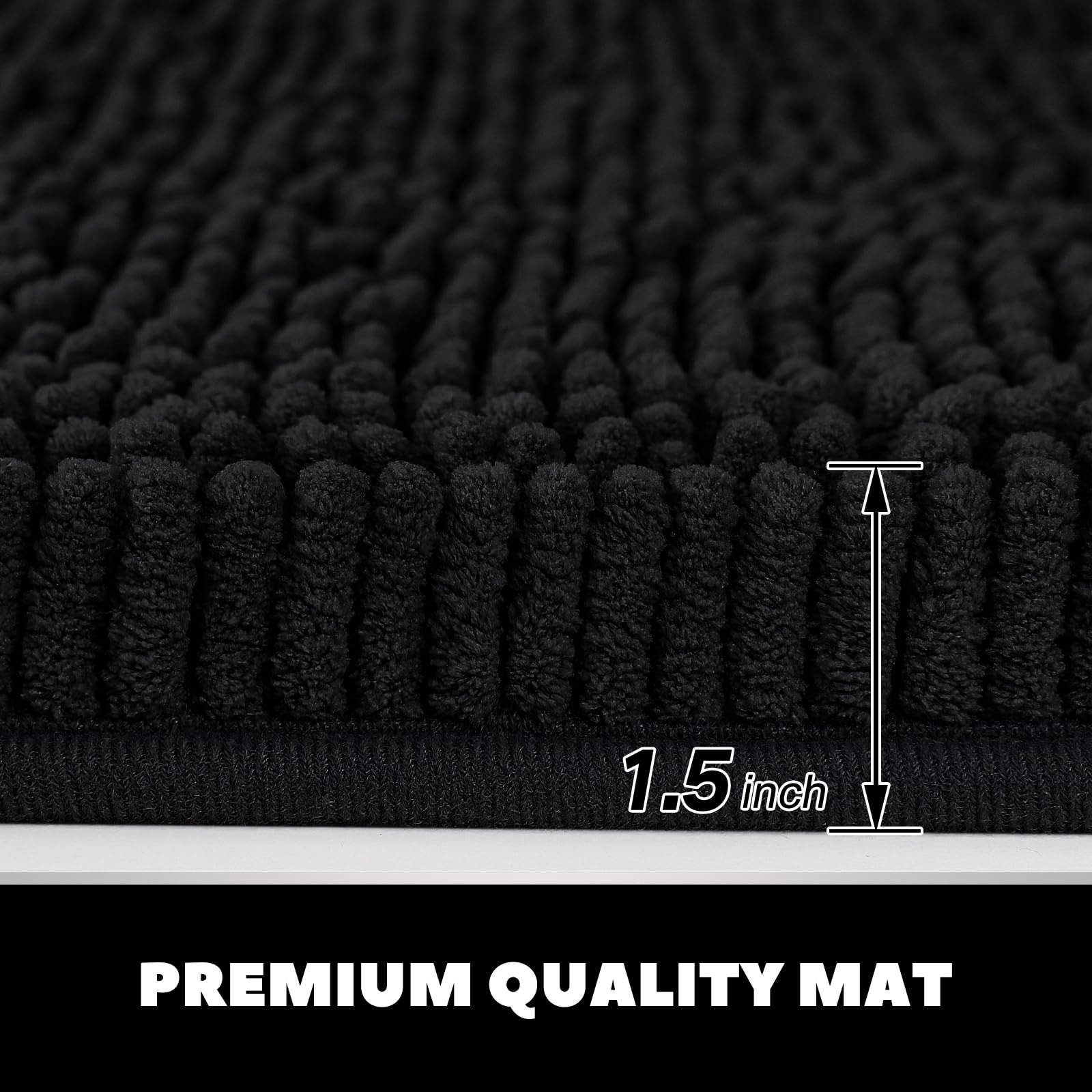 Luxury Chenille Bathroom Rug Set - 3 Piece Soft, Absorbent & Non-Slip Bath Mat with PVC Backing | Machine Washable Toilet Rug for Bathroom, Bedroom, Kitchen & Hallway | Perfect for Cozy Home Decor & Wet Floor Safety - Black