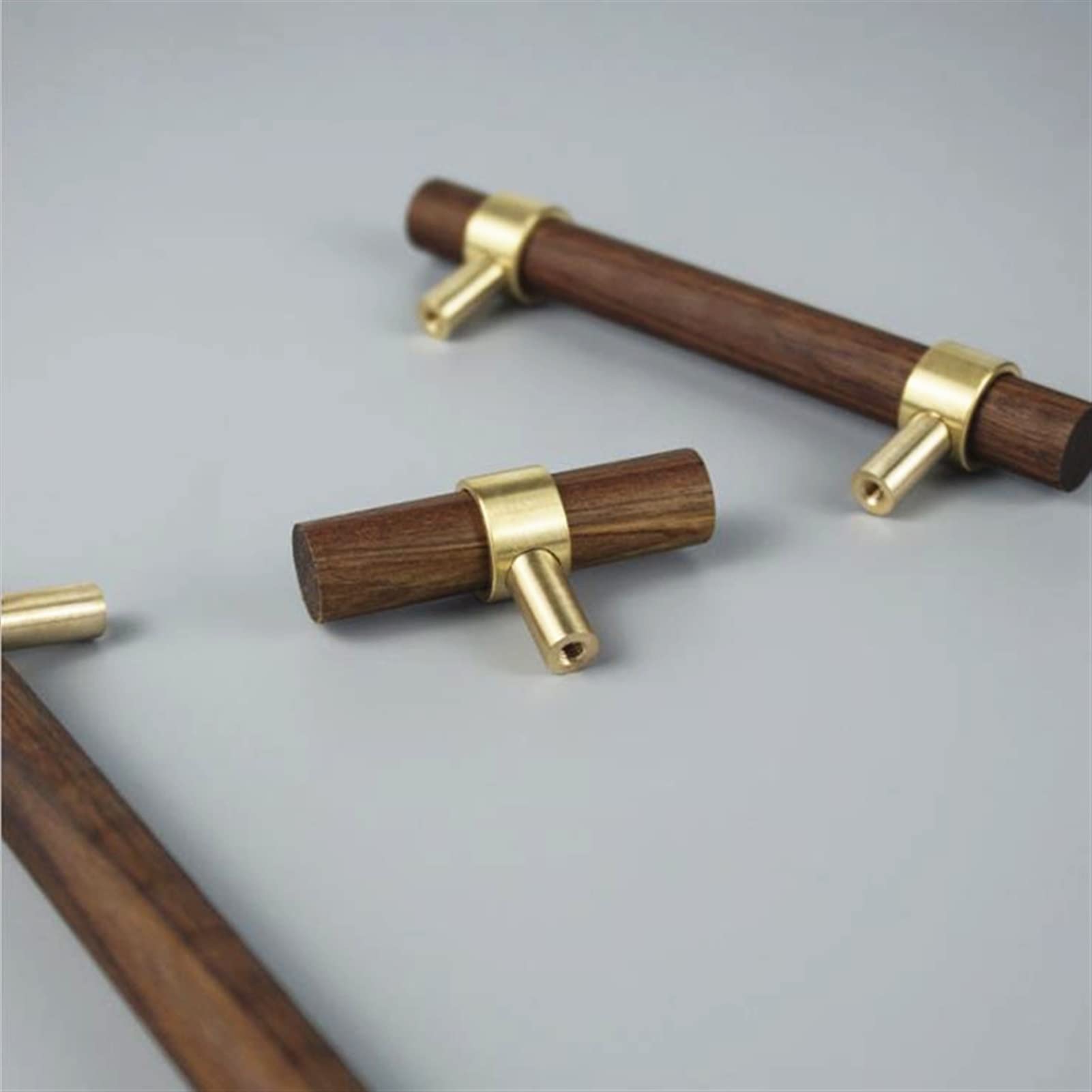 Nordic Style Cabinet Handles 6-Pack - Brass & Black Walnut Wood Kitchen Hardware, Adjustable Door Pulls for Cupboards & Drawers | Perfect for Modern Farmhouse, Scandinavian & Minimalist Kitchen Designs