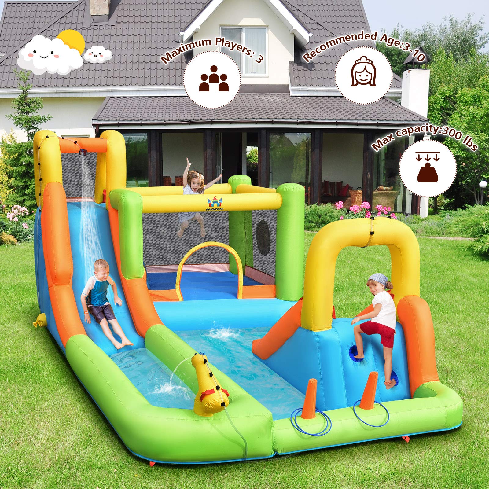 BOUNTECH 8-in-1 Mega Inflatable Water Slide Park with 950W Blower - Giant Bounce House with Long Slide & Splash Pool for Kids & Adults - Perfect for Backyard Parties, Summer Fun & Outdoor Water Activities