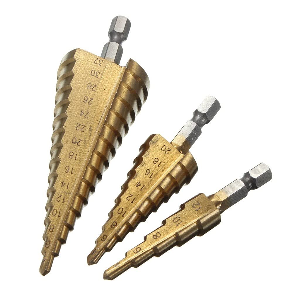 3 Pcs HSS Step Drill Bit Set (4-12mm/4-20mm/4-32mm) - Titanium Coated Tapered Hex Shank for Metal, Wood & Plastic - Perfect for DIY Projects, Home Repairs & Professional Use