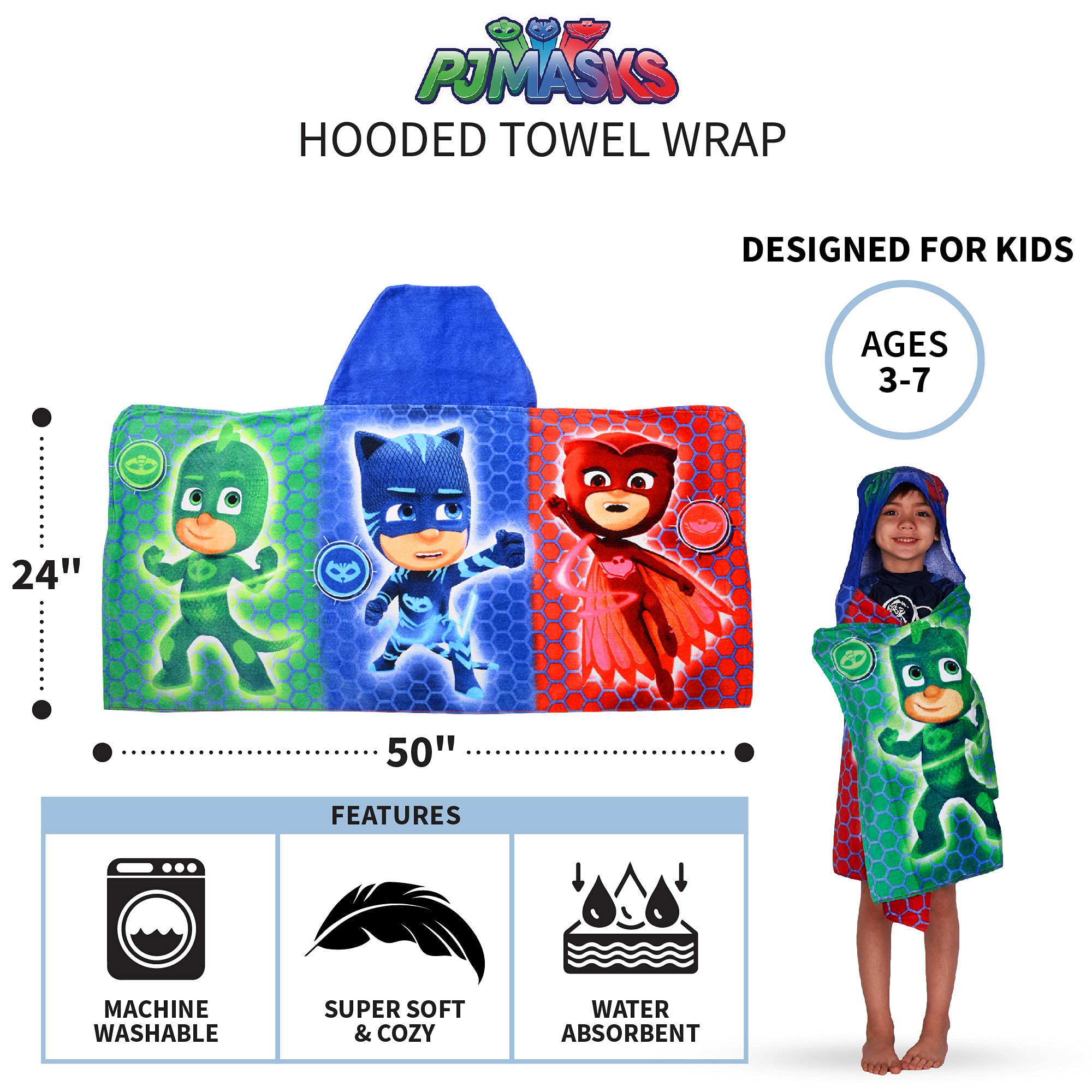 PJ Masks Hooded Towel for Kids - Soft Cotton Terry Wrap 24x50