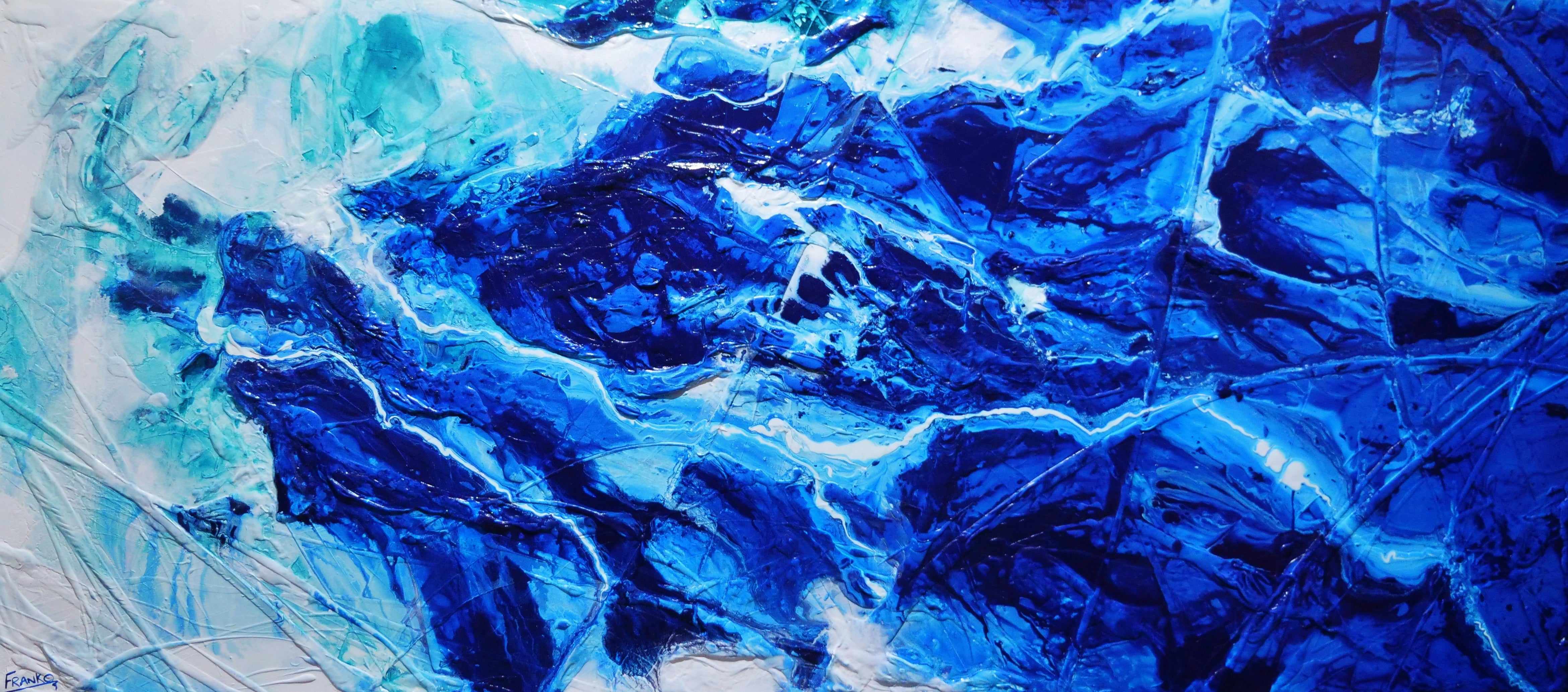 Fractured Sapphire Blue and White Textured Abstract Painting - 270cm x 120cm Large Wall Art for Living Room, Bedroom, or Office Decor