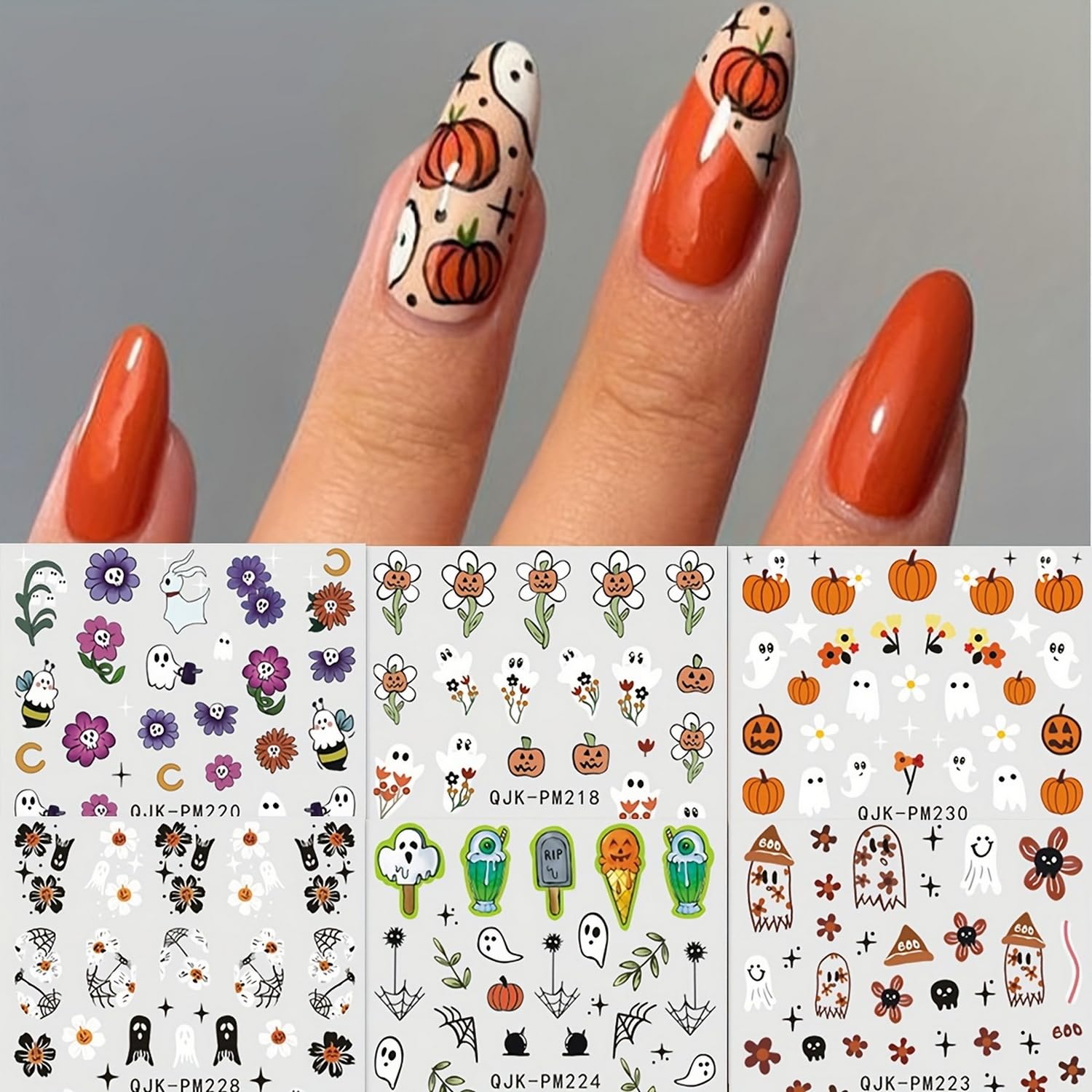 Halloween Nail Art Stickers - 9 Sheets 3D Self-Adhesive Nail Decals with Ghost, Pumpkin & Spider Web Designs | Fall Nail Decor for Women | Perfect for Halloween Parties, Costume Events & Spooky Nail Art