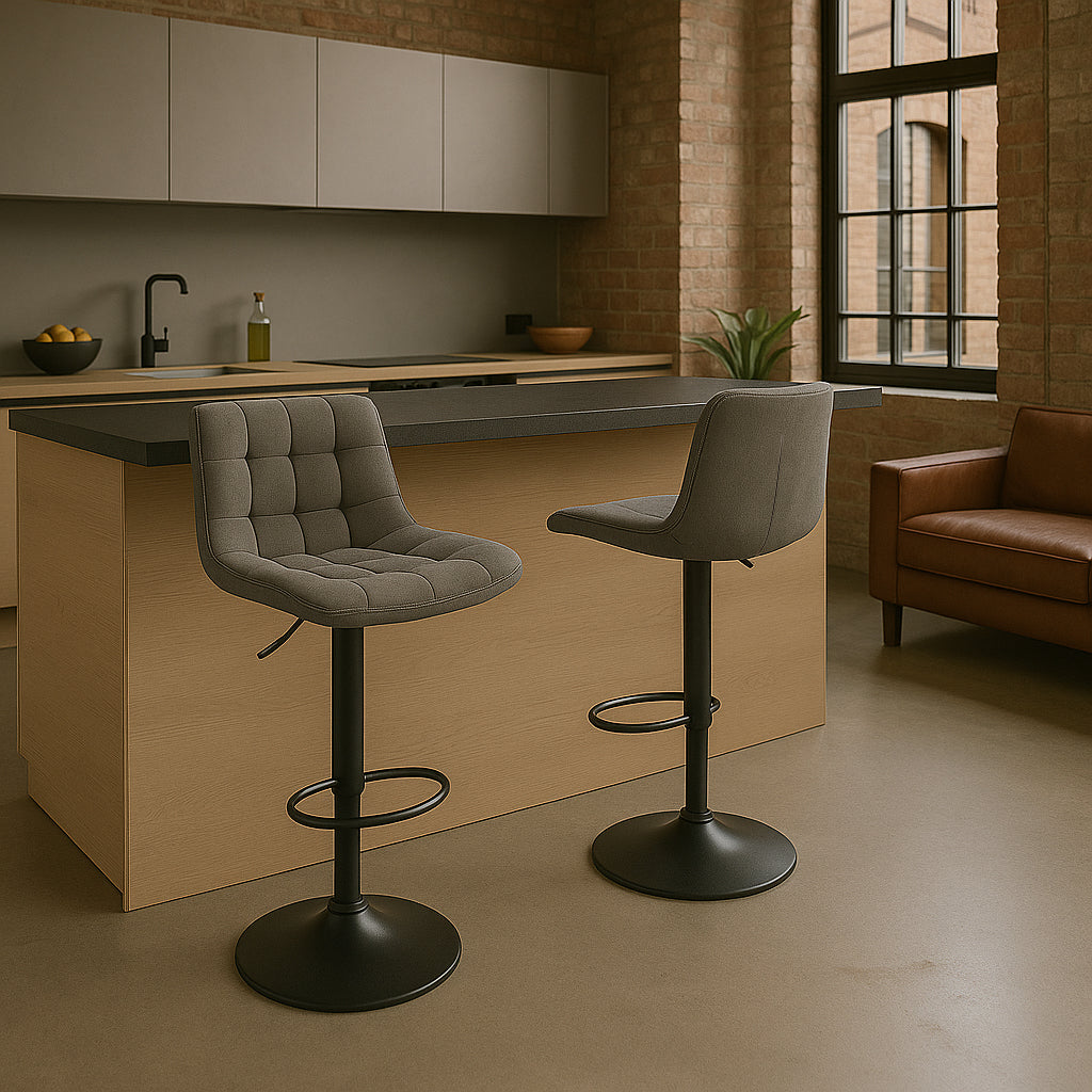 Urban Style Black Metal Grey PU Gas Lift Bar Stools - Set of 2 for Kitchen Island, Breakfast Bar & Home Pub Decor