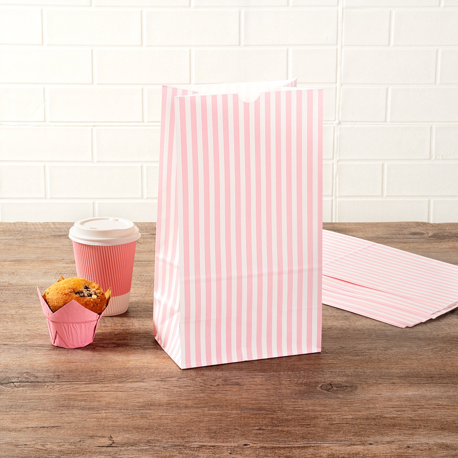 Pink and White Striped Paper Bags - 12 lb, 7 x 4.25 x 12.5 Inches - 100 Count Box - Perfect for Party Favors, Gift Packaging, and Retail Shopping Bags