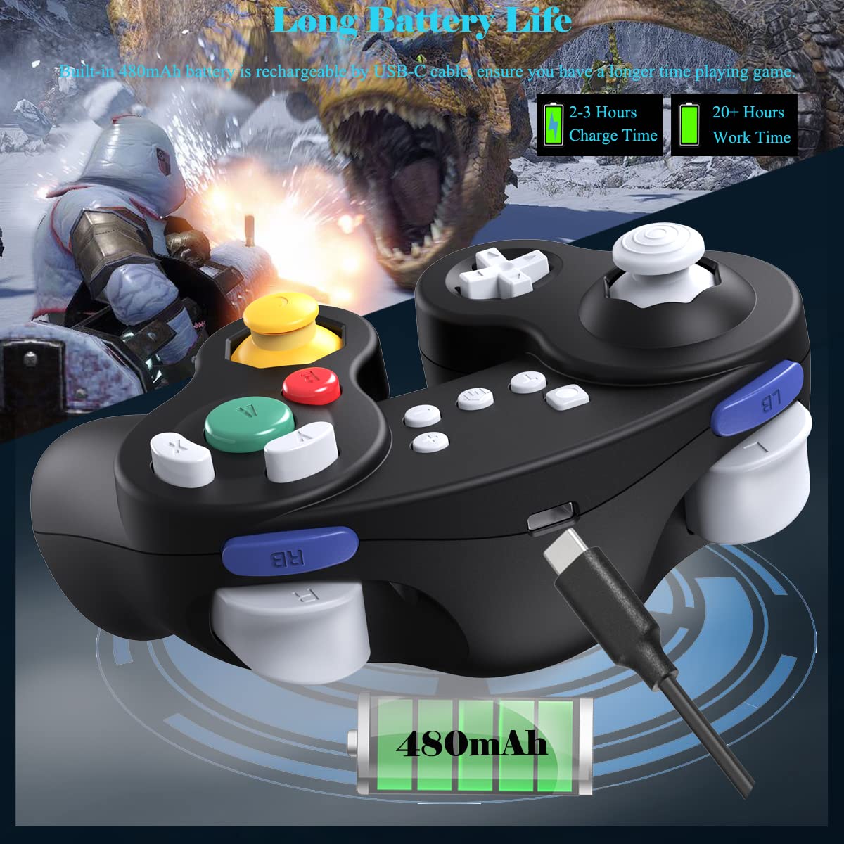 EXLENE Wireless Gamecube Controller for Nintendo Switch, Switch Lite, PC, Android, iOS & Steam - Pro Controller with Wake Up, Motion Control, Adjustable Rumble, Turbo & Auto Turbo (Upgraded Black) | Perfect for Gaming, Streaming & Multiplayer Sessions