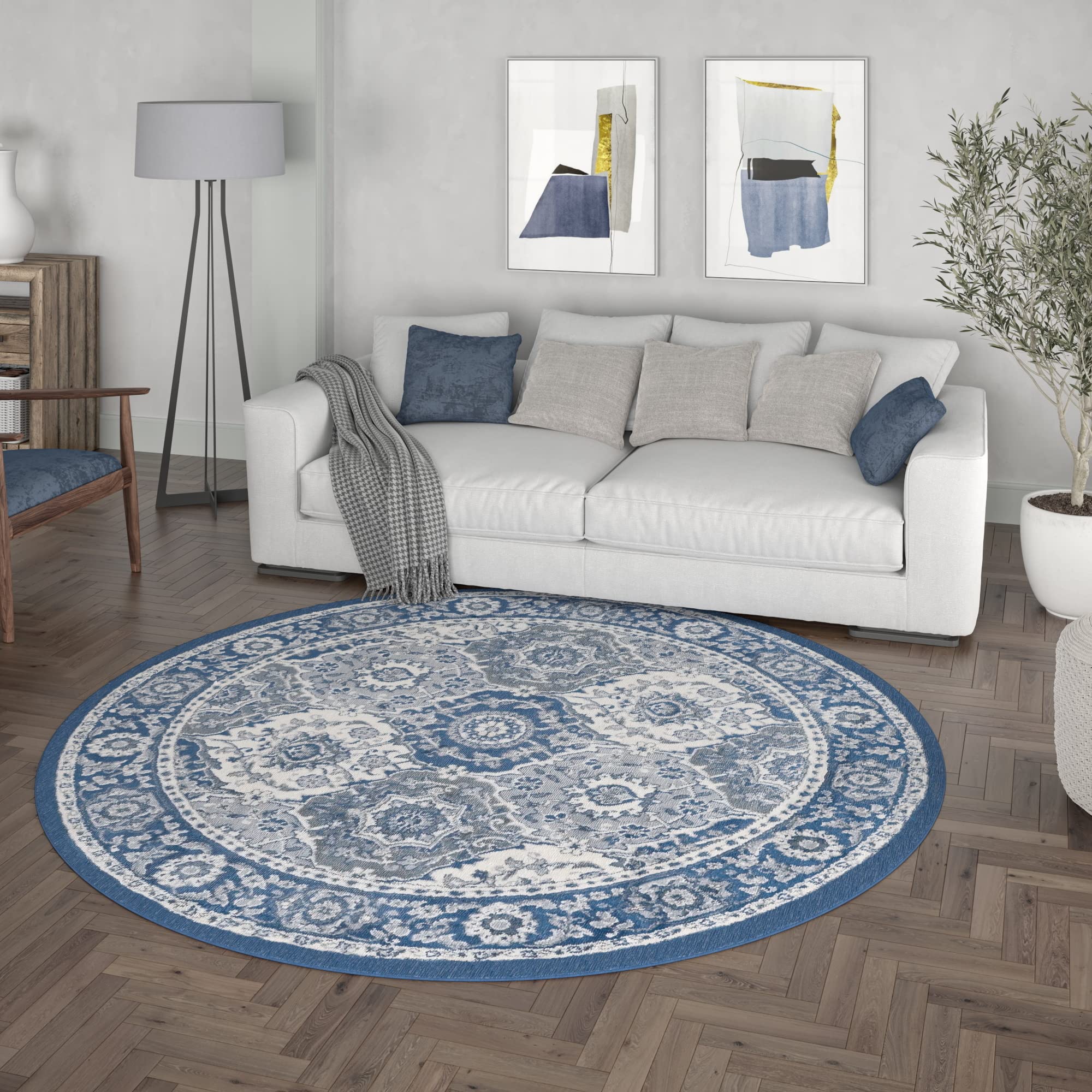 Navy Blue 8ft Round Modern Area Rug - Soft Contemporary Carpet for Living Room, Bedroom, Dining Room, Kitchen & Entryway - Non-Slip Indoor Floor Mat for Home Decor - Alfombras Modernas para Salas
