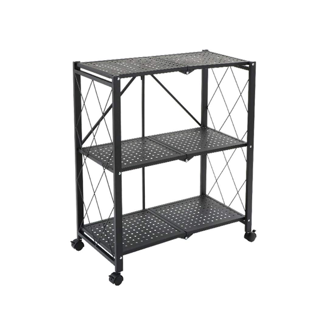 3-Tier Foldable Metal Kitchen Storage Shelf for Microwave, Oven, Rice Cooker & Pots - Space Saving Organizer with Wheels (Black) - Perfect for Small Kitchens & Pantry Organization