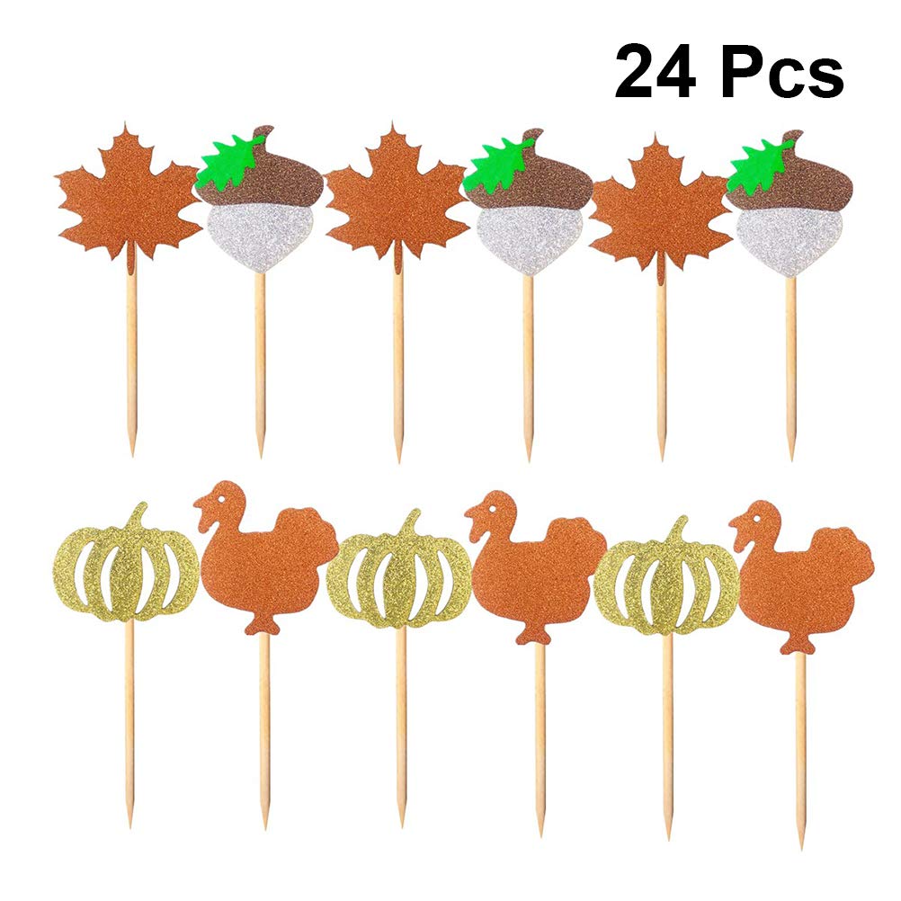 24pcs Cake Toppers - Cartoon Glitter Cake Decorations with Insert Cards for Birthday, Thanksgiving & Special Occasions - Shiny Cake Picks for Party Dessert Decorating