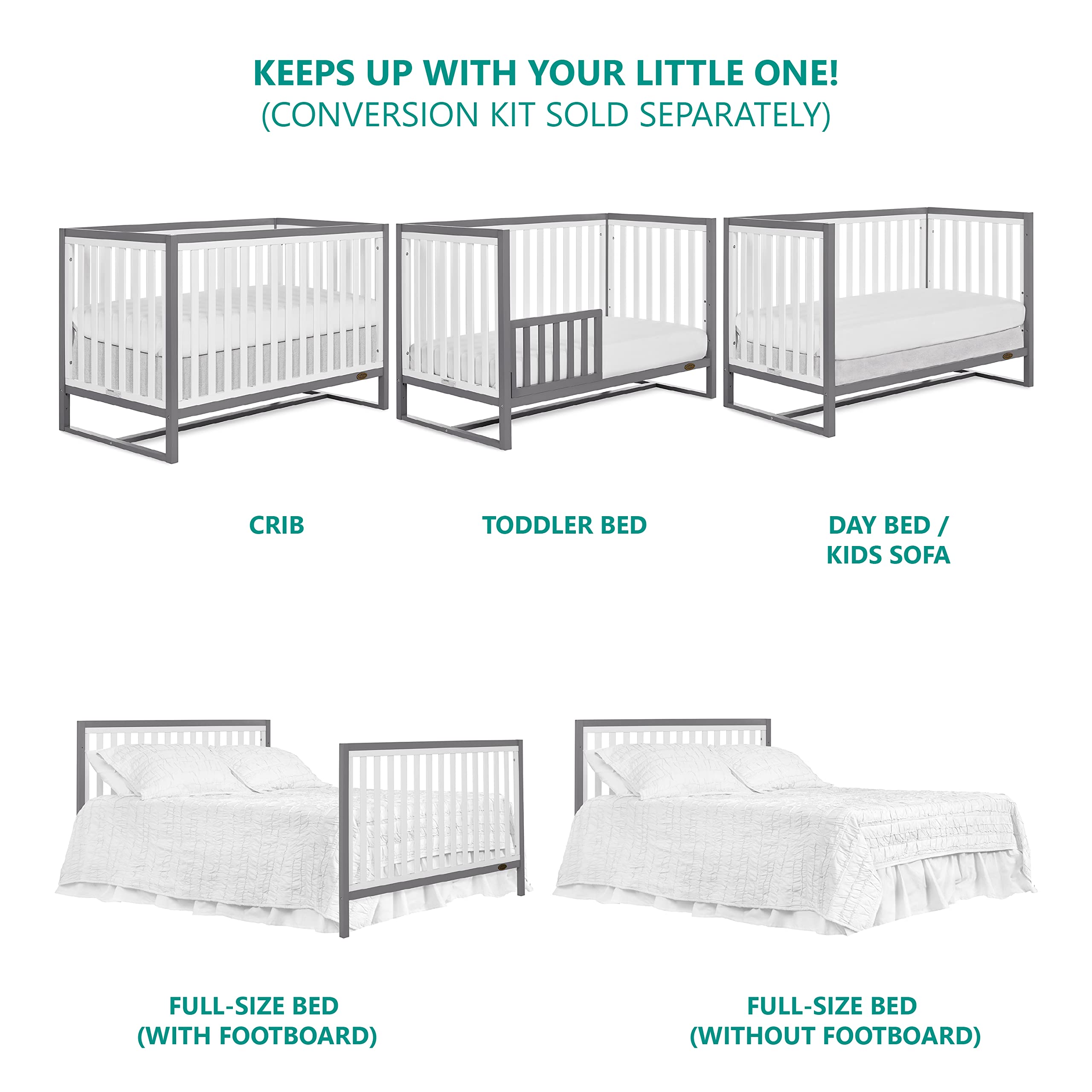 Dream On Me Arlo 5-in-1 Convertible Crib - Steel Grey & White | JPMA Certified | Adjustable Mattress Heights | Non-Toxic & Sustainable Pinewood | Nursery & Toddler Room Essential