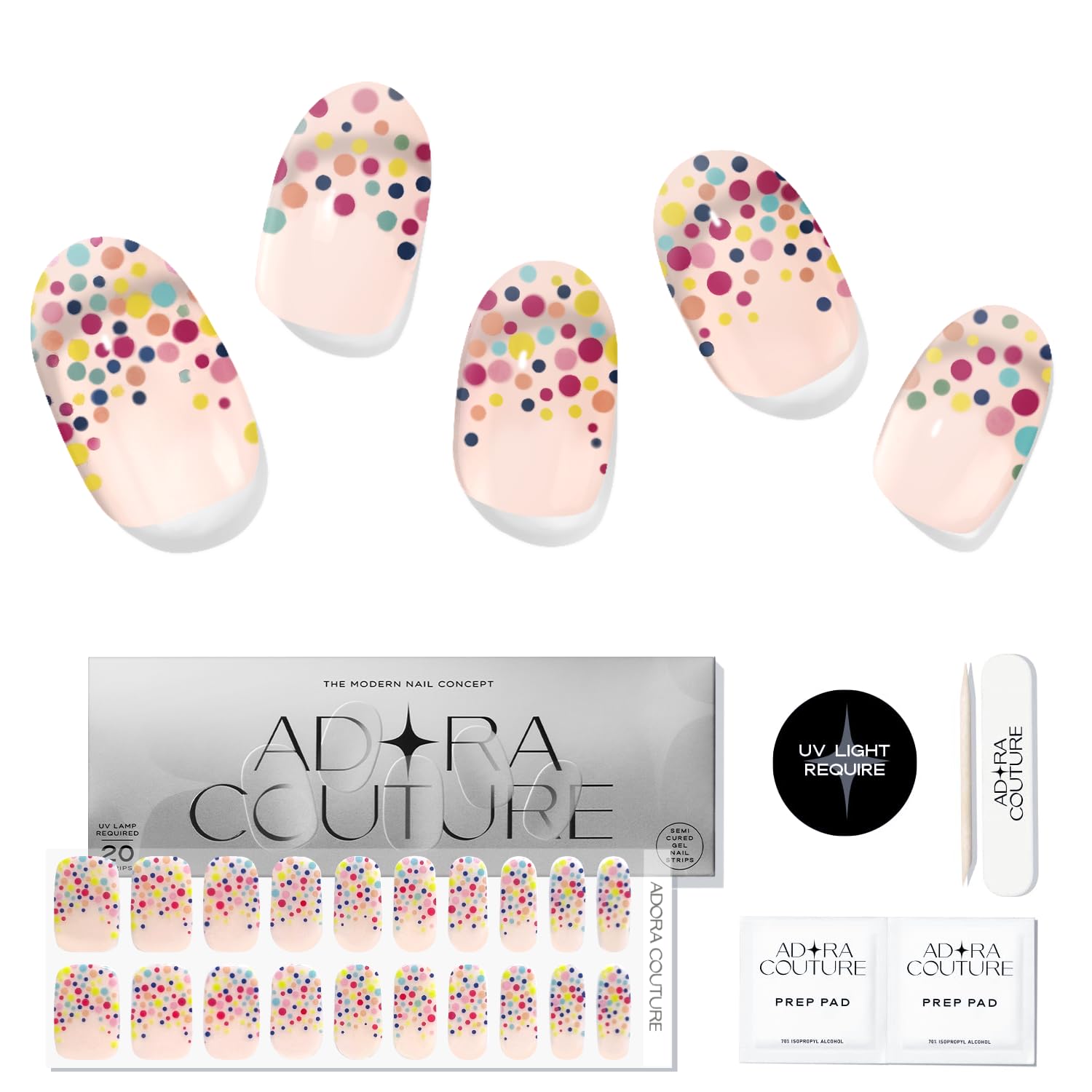 Semi Cured Gel Nail Strips - 20PCS Salon Quality Nail Wraps for Women, Confetti Colorful UV Gel Nail Stickers (UV Light Required) - Perfect for DIY Manicures, Nail Art Designs & Special Occasions