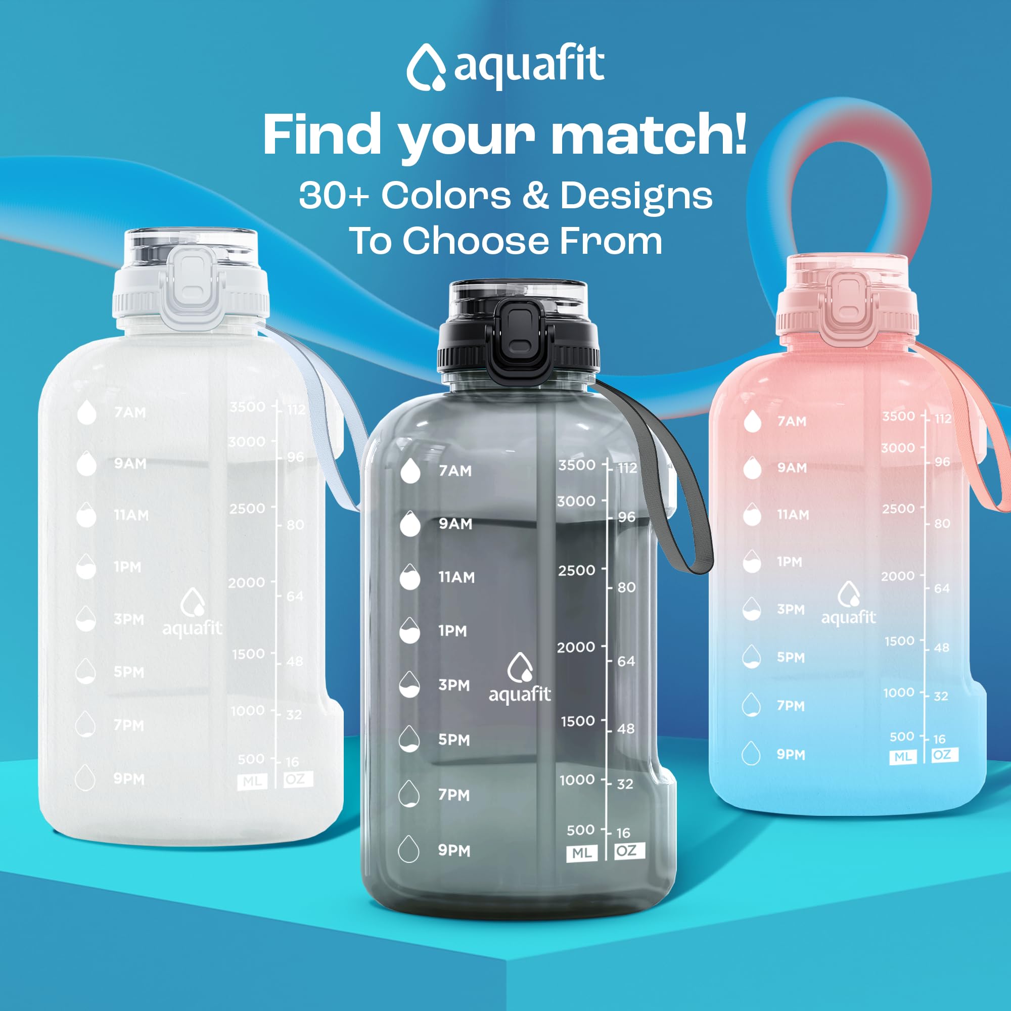 AQUAFIT 1 Gallon Water Bottle with Time Marker - 128oz BPA Free Large Water Jug with 2-in-1 Straw & Chug Lid, Handle for Gym, Workout & Outdoor Activities - Motivational Water Bottle for Hydration Tracking (Gray)