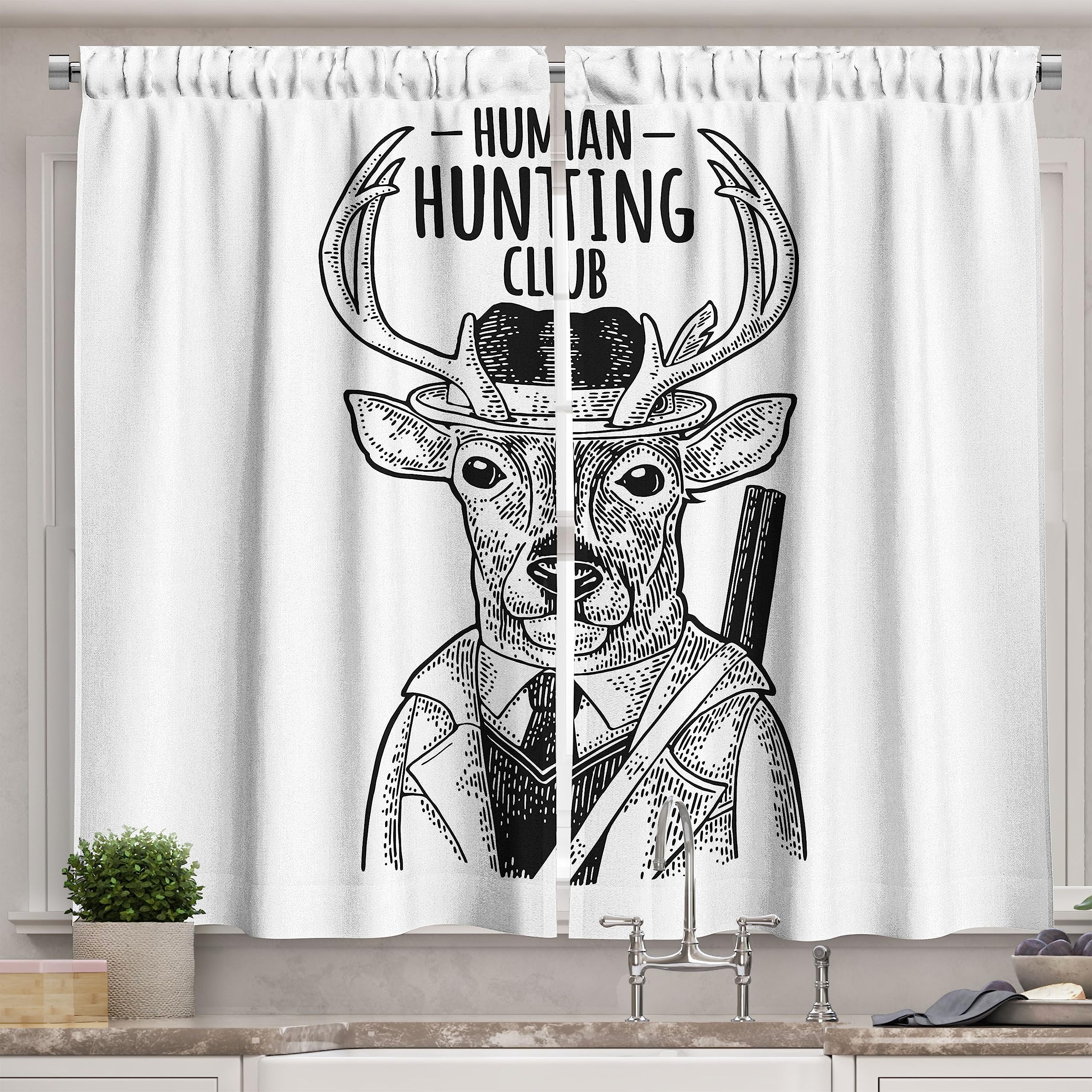 Ambesonne Deer Hunting Kitchen Curtains - Funny Sarcastic Humor with Monochrome Sketch Design, 2-Panel Set for Window Drapes (55