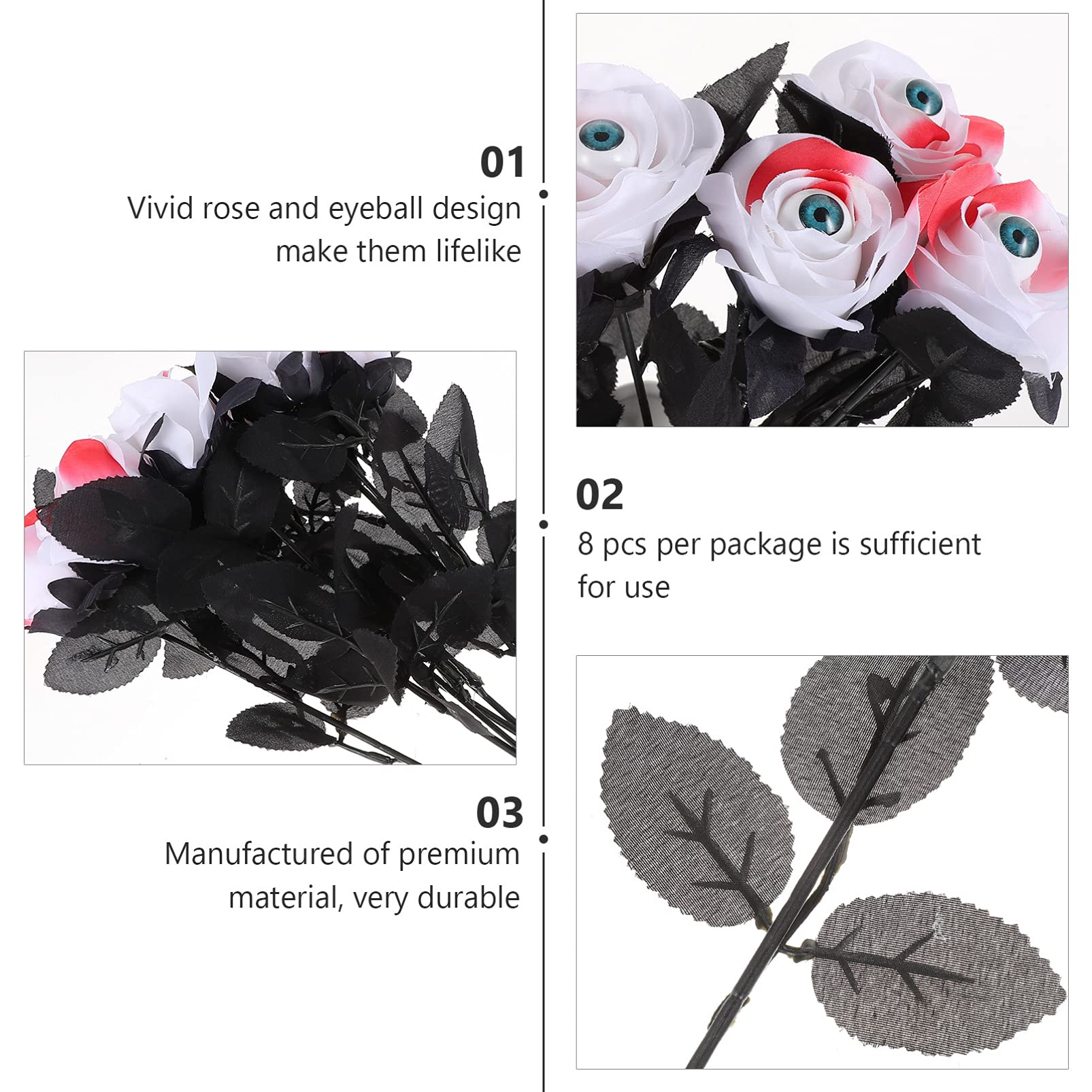 8pcs Black Silk Rose Stems with Eyeball Flowers - Fake Rose Bouquet for Halloween Decor, Wedding Centerpieces, Bride Table Accessories, and Home Dining Decor - Polyester Artificial Roses