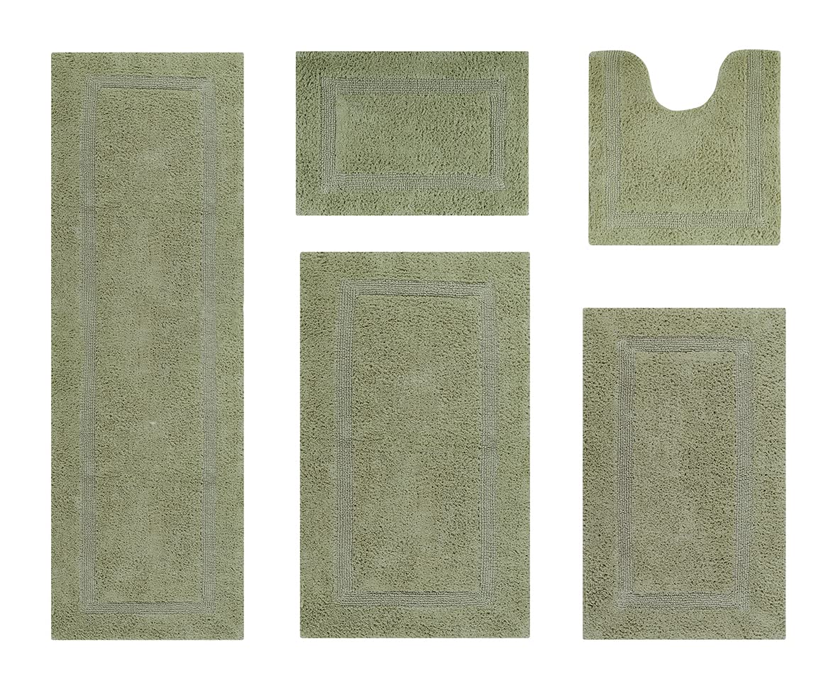 Better Trends 5-Piece Bathroom Rug Set - Sage Green Cotton Reversible Absorbent Bath Mats with Contour & Runner, Machine Washable for Bathroom Floor Decor - Perfect for Bathtub, Toilet Base & Modern Home Bathroom Design
