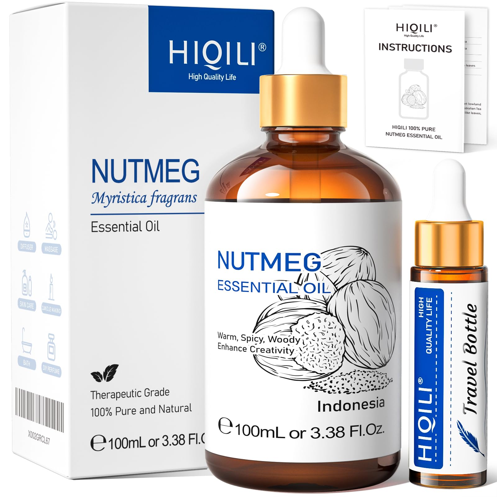 HIQILI Pure Natural Nutmeg Essential Oil - 3.38 Fl Oz (100ml) for Aromatherapy, Diffusers, Massage & Relaxation | Perfect for Home Spa, Yoga & Stress Relief