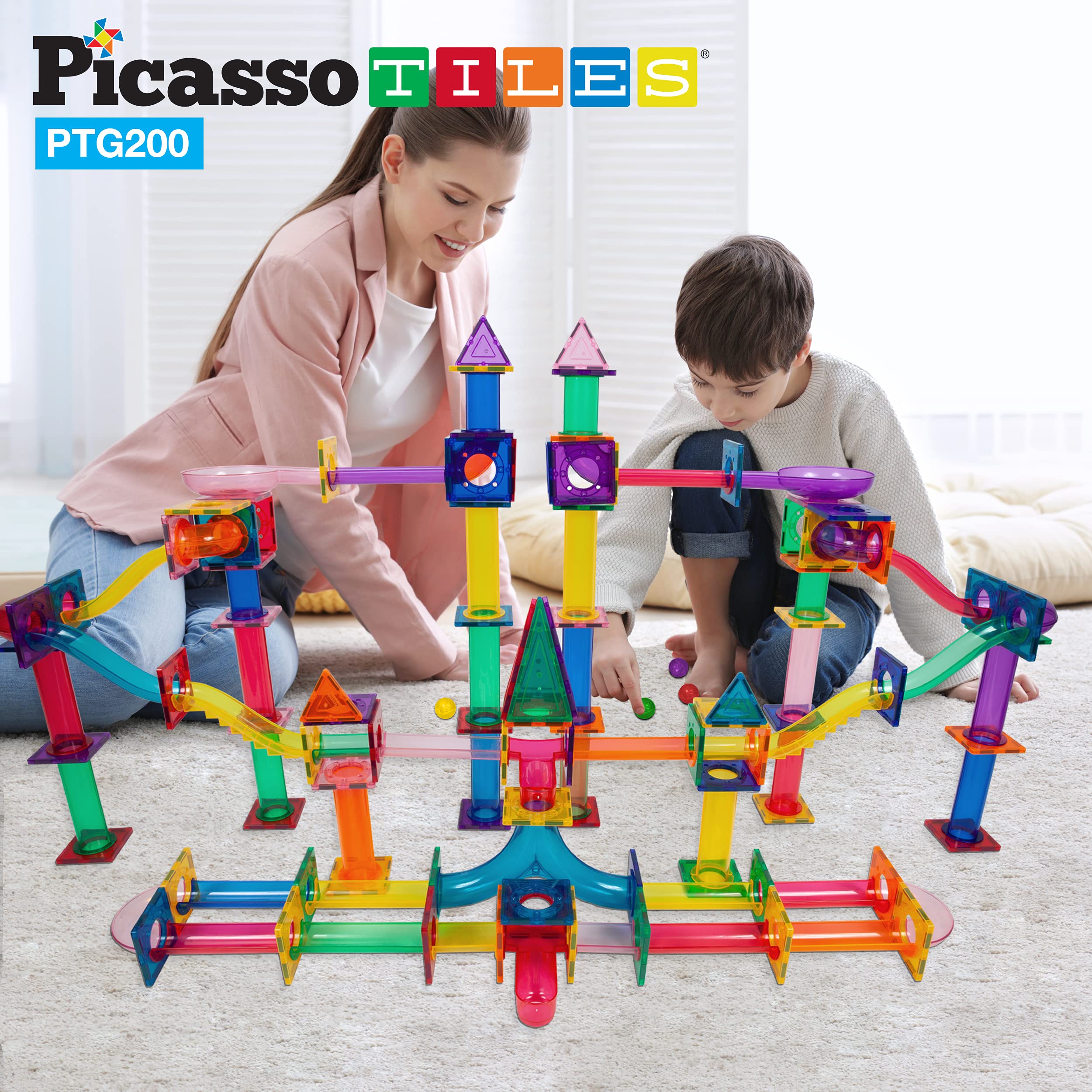 PicassoTiles 200-Piece Magnetic Marble Run Set - STEM Educational Building Blocks for Kids Ages 3+, Marble Maze Race Track Toy with Sensory Marbles for Toddlers - Perfect for Indoor Play, Birthday Gifts & Early Learning Activities