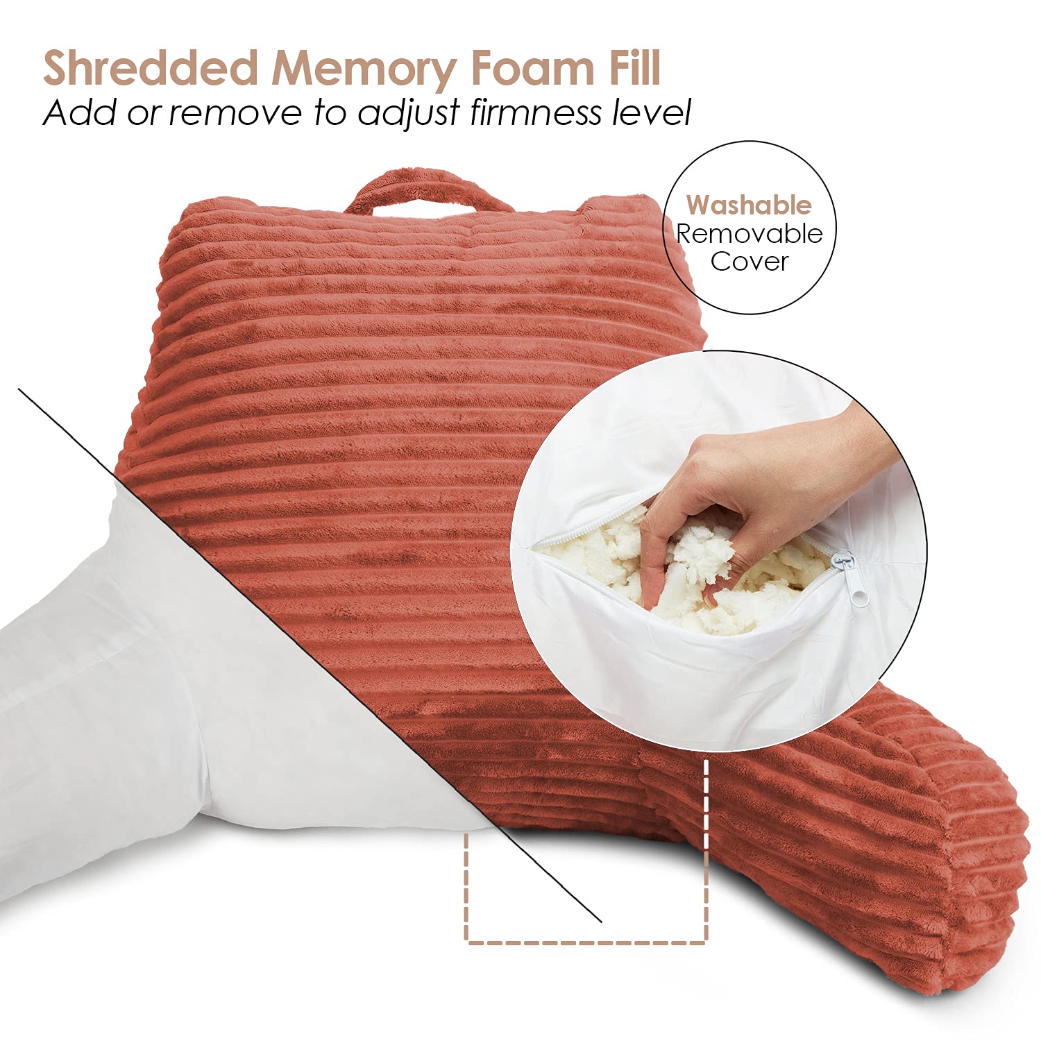 Clara Clark Reading Pillow for Adults - Plush Back Support Pillow with Arms & Pockets for Sitting Up in Bed, Sofa or Floor - Shredded Foam Bed Rest Pillow Perfect for Reading, Watching TV & Relaxing