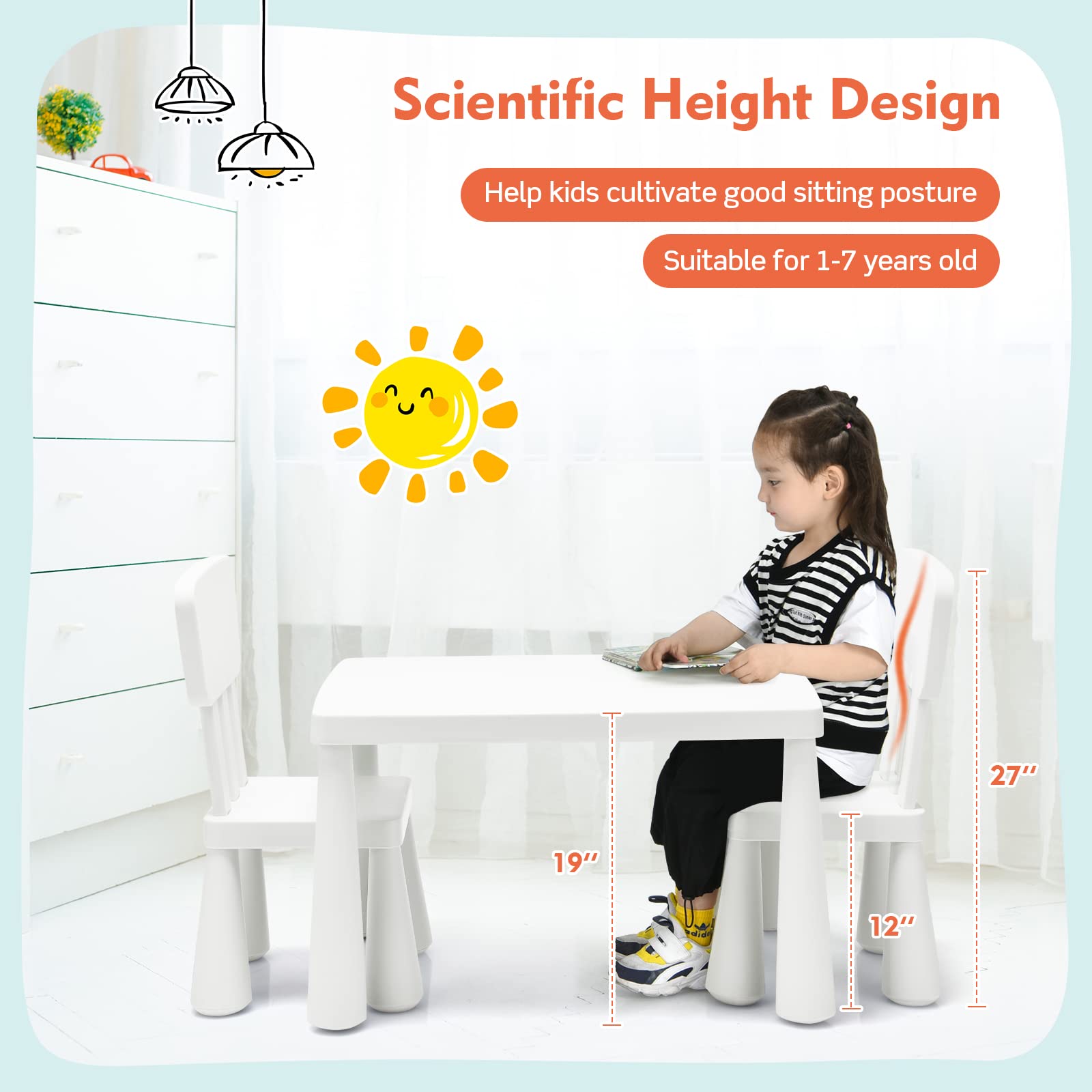 COSTWAY 3-Piece Kids Table and Chairs Set - Lightweight Plastic Children's Activity Table with 2 Chairs for Toddlers Ages 1-7, Perfect for Reading, Writing, Drawing, Crafts & Snack Time - White Kids Furniture Set for Playroom, Classroom or Daycare
