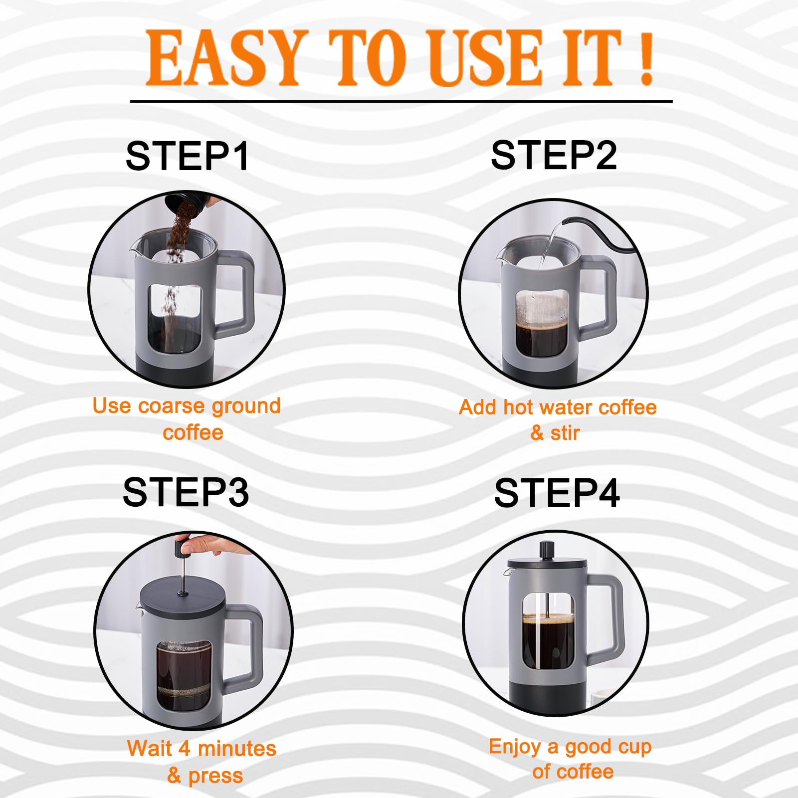 YOLIFE 21 oz French Press Coffee Maker - Heat-Resistant Borosilicate Glass, 4-Level Filtration System - Portable Coffee & Tea Press for Home, Office, Camping & Travel - Grey & Black Coffee Pot (Great Gift for Coffee Lovers)