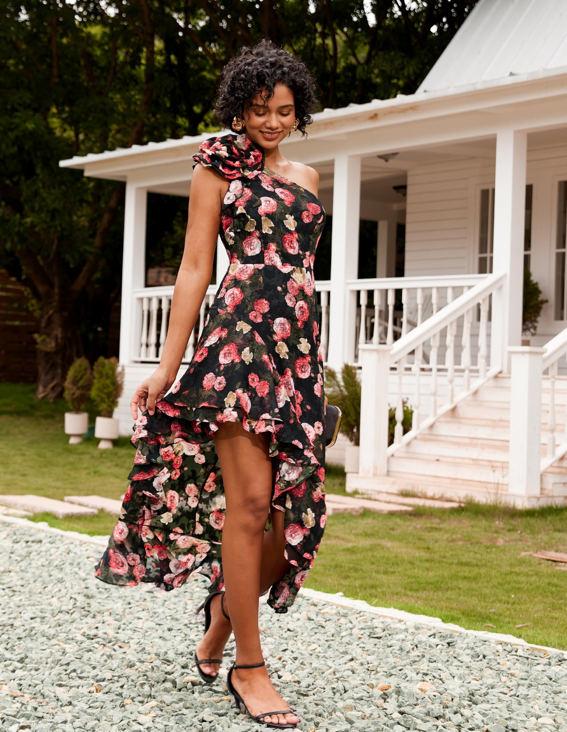 GRACE KARIN Women's Floral One Shoulder Sleeveless Ruffle Maxi Dress - Summer Wedding Guest Dress, Beach Cover Up, Vacation Sundress for Parties & Special Occasions