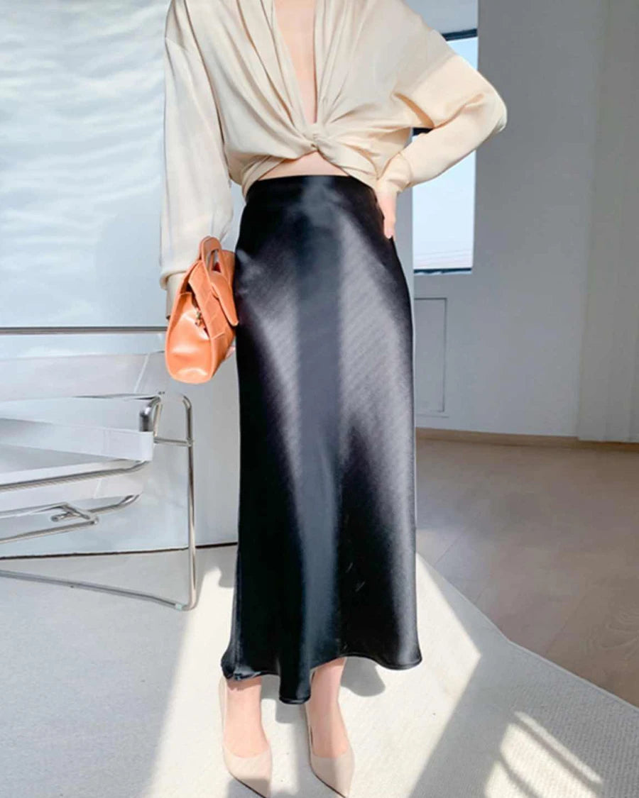 Elegant Silk Midi Skirts for Women - Stretchy Elastic Waistband, Flowy A-Line Design - Perfect for Office Wear, Date Nights & Special Occasions